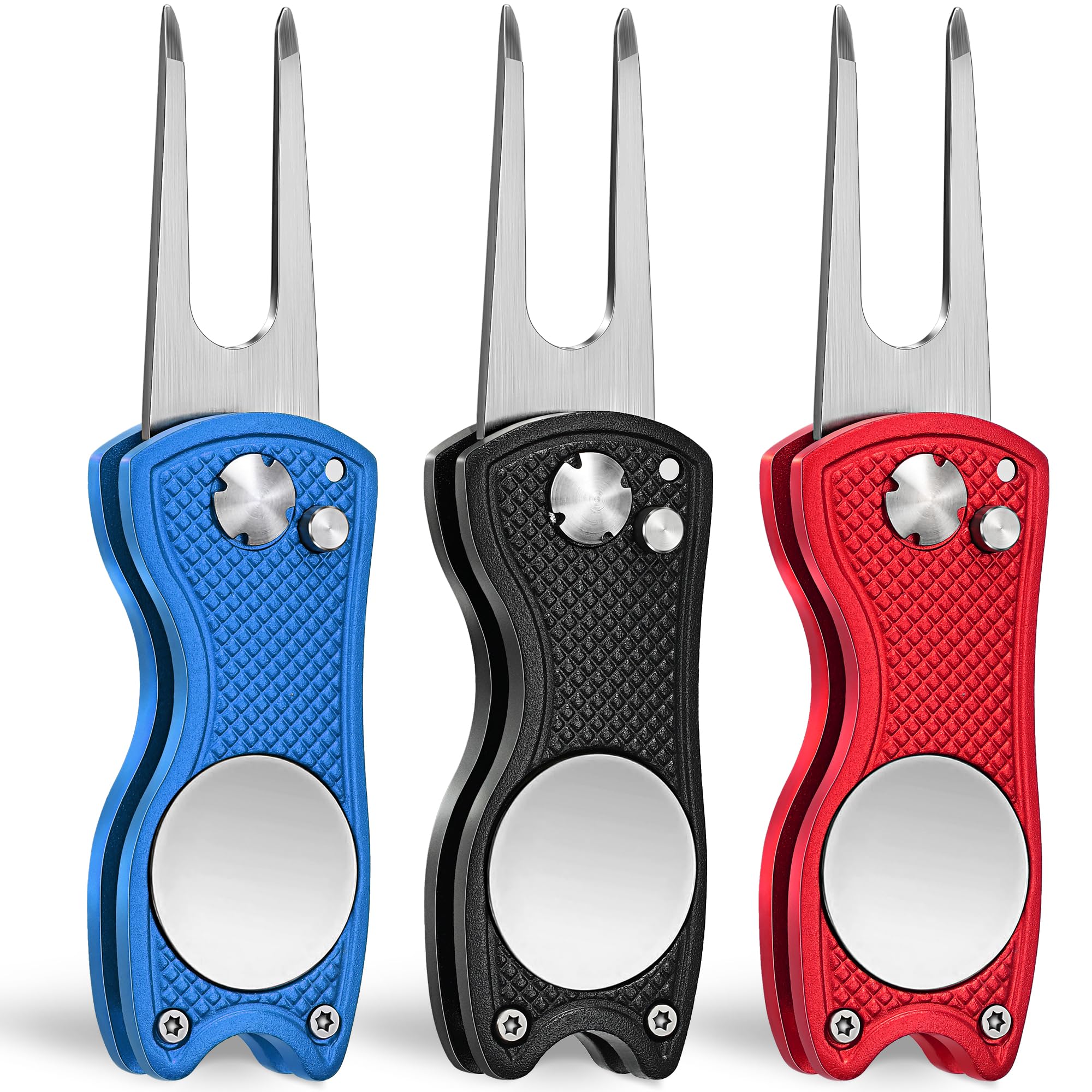 Mile High Life 3 Pack Golf Divot Repair Tool W Magnetic Golf Ball Marker | All Metal Foldable Divot Tool W Pop-Up Button | Golf