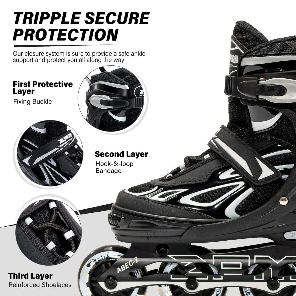 2PM SPORTS Vinal Inline Skates for Men with Light Up Wheels Adjustable Roller Women, Illuminating Outdoor Roller Skates for Kids