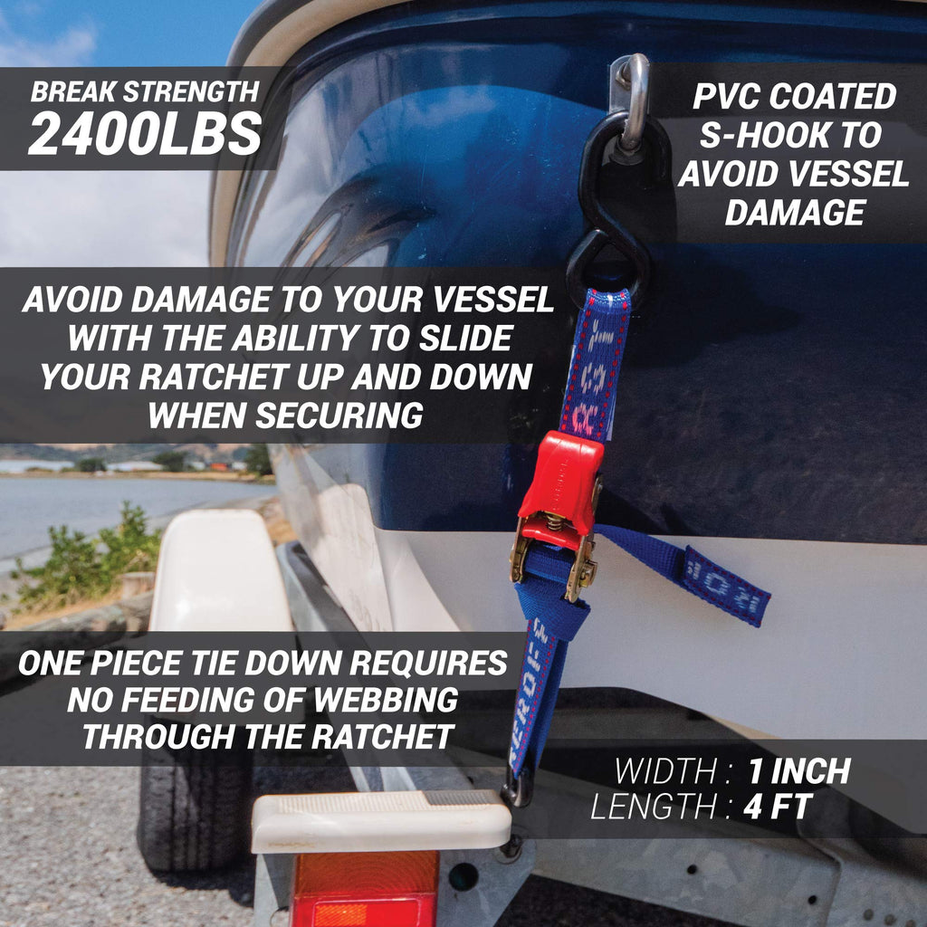 Boat Tie Down Straps To Trailer (Pack Of 2) - 2,400Lbs Break - 1'' X 4    Heavy Duty Ratchet Boat Straps - Uv Treated Boat Trans