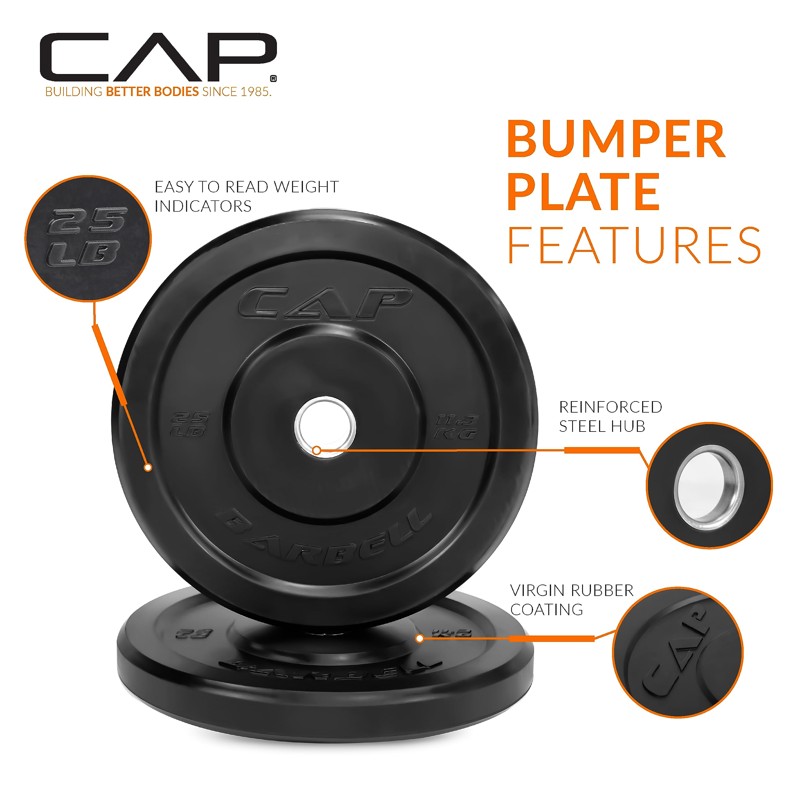 Cap Barbell Better Olympic Bumper Plate Set, Black, 25 Lb Pair