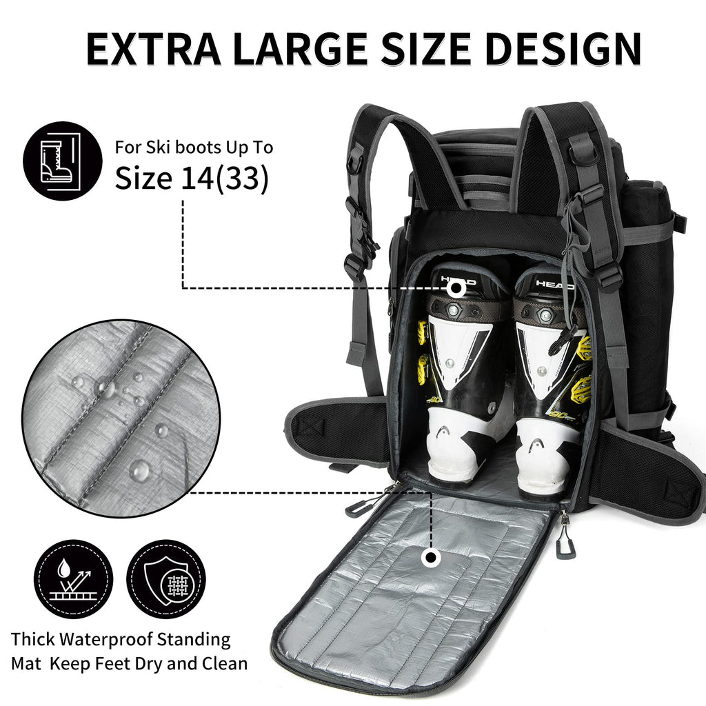 65L Ski Boot Bag,Large Travel Backpack For Women Men, Snowboard Bags,Durable Waterproof 1680D Nylon Padded Ski Boot Backpack For