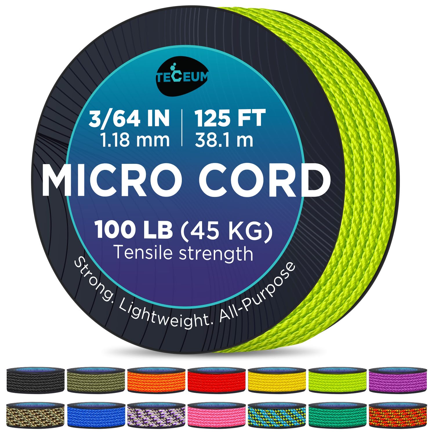 Teceum Micro Paracord - Fluo Green - 1.18 Mm X 125 Ft - Micro Utility Cord - Thin Braided Paracord Rope Nylon Polyester - Wind C