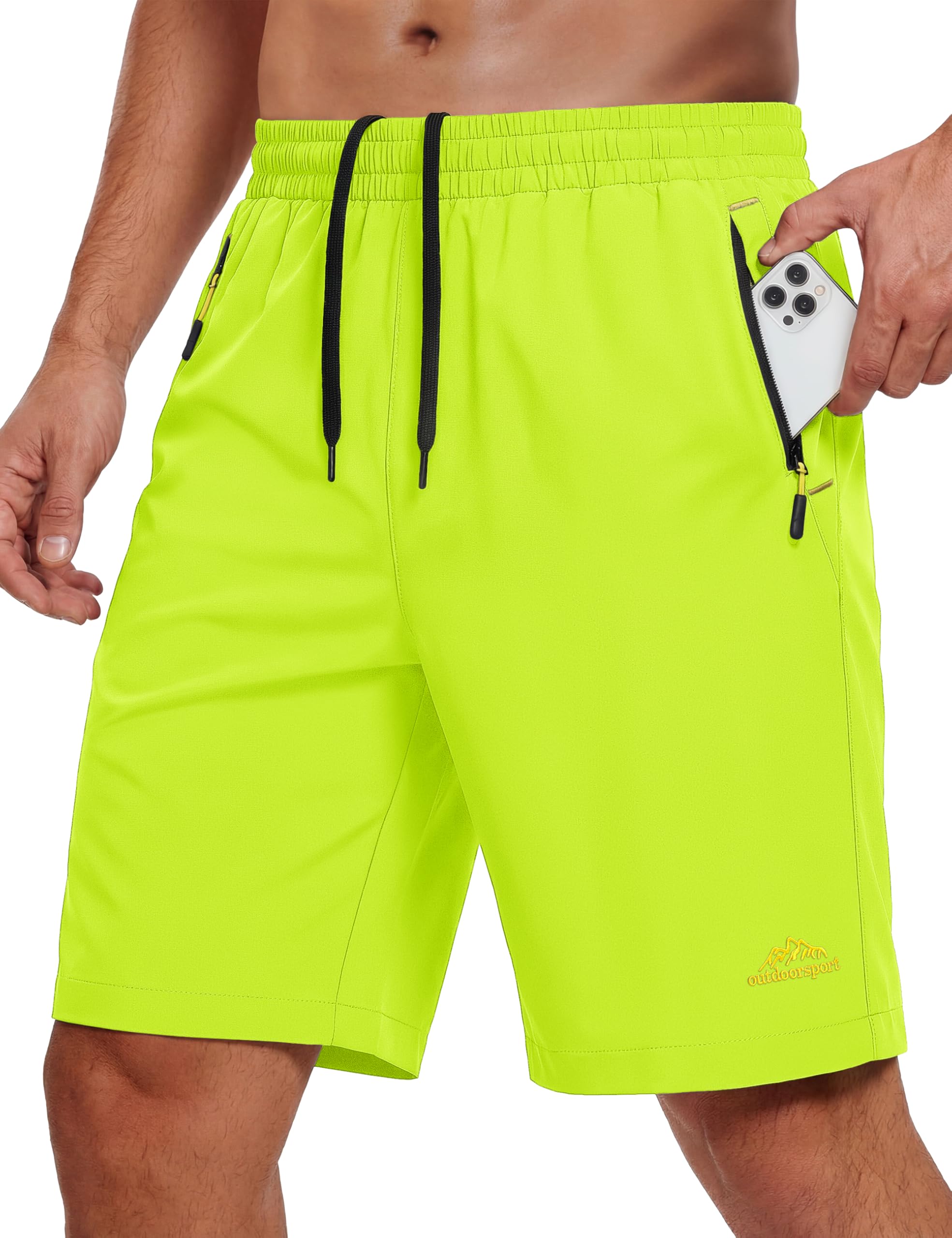 MAGCOMSEN Athletic Shorts for Men 9 Breathable Golf Casual Hiking Mens Workout Gym Neon Green Shorts with Zipper Pockets