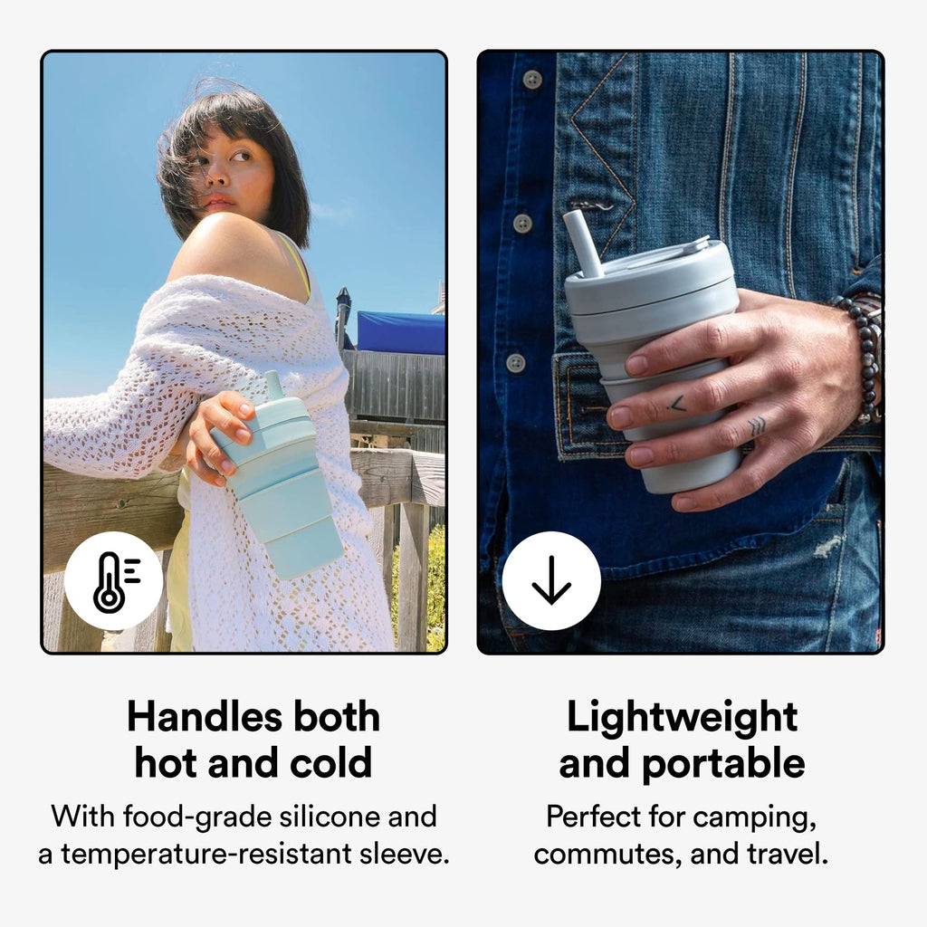 Stojo Collapsible Travel Cup With Straw- Eucalyptus, 16Oz / 470Ml - Reusable To-Go Pocket Size Silicone Cup For Hot And Cold Dri