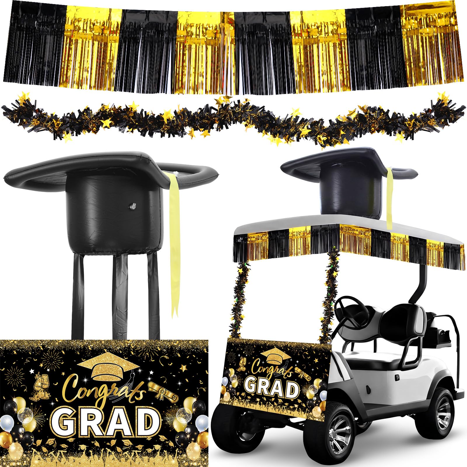 Teyva Daily 4 Pcs Graduation Golf Cart Decoration Kit Golf Car Accessories Inflatable Graduation Cap Foil Curtains Tinsel Garlan