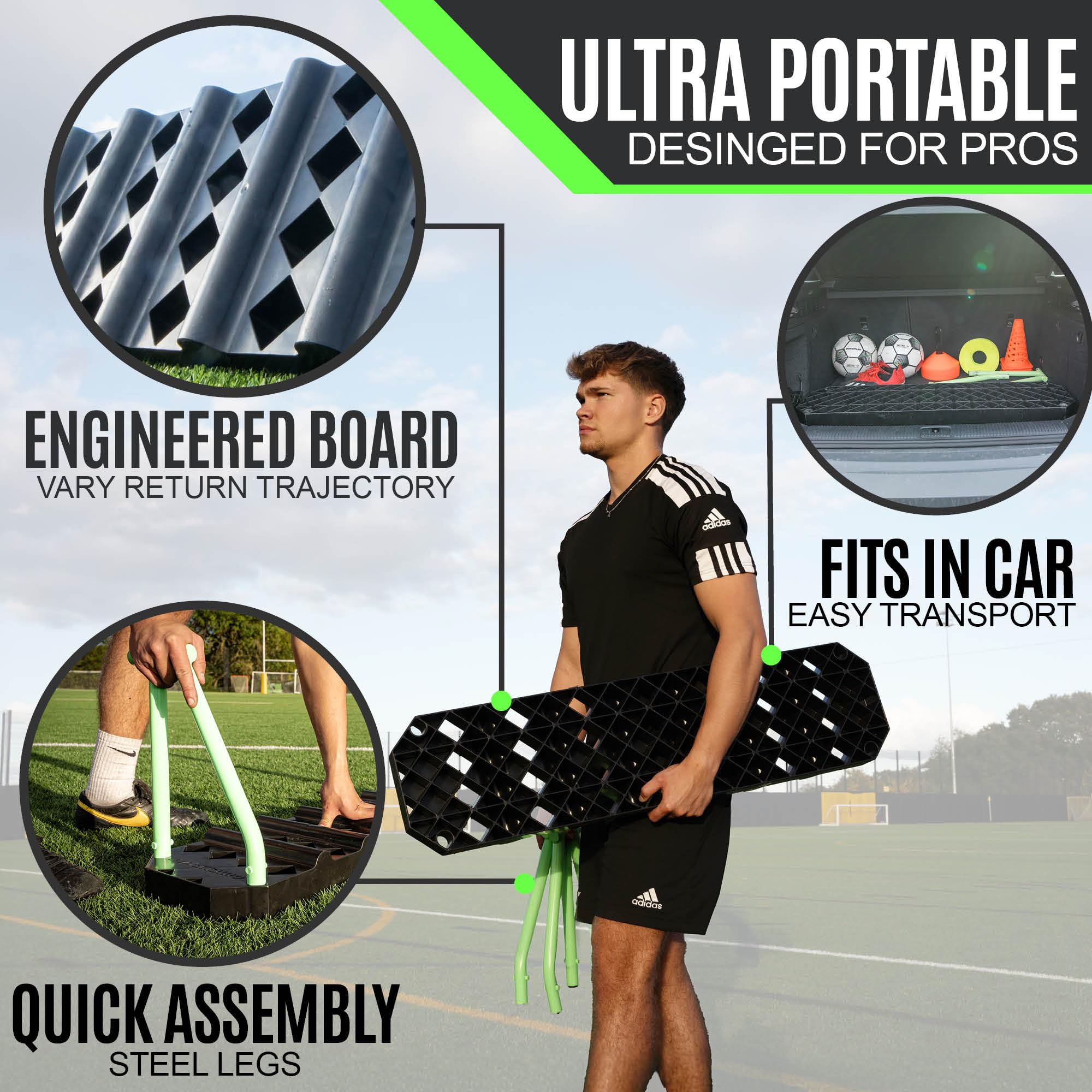 QuickPlay Replay Station XL 4-in-1 Soccer Rebounder Board - Portable Rebound Board for Backyard - Dual Surface, Dual Angle Socce