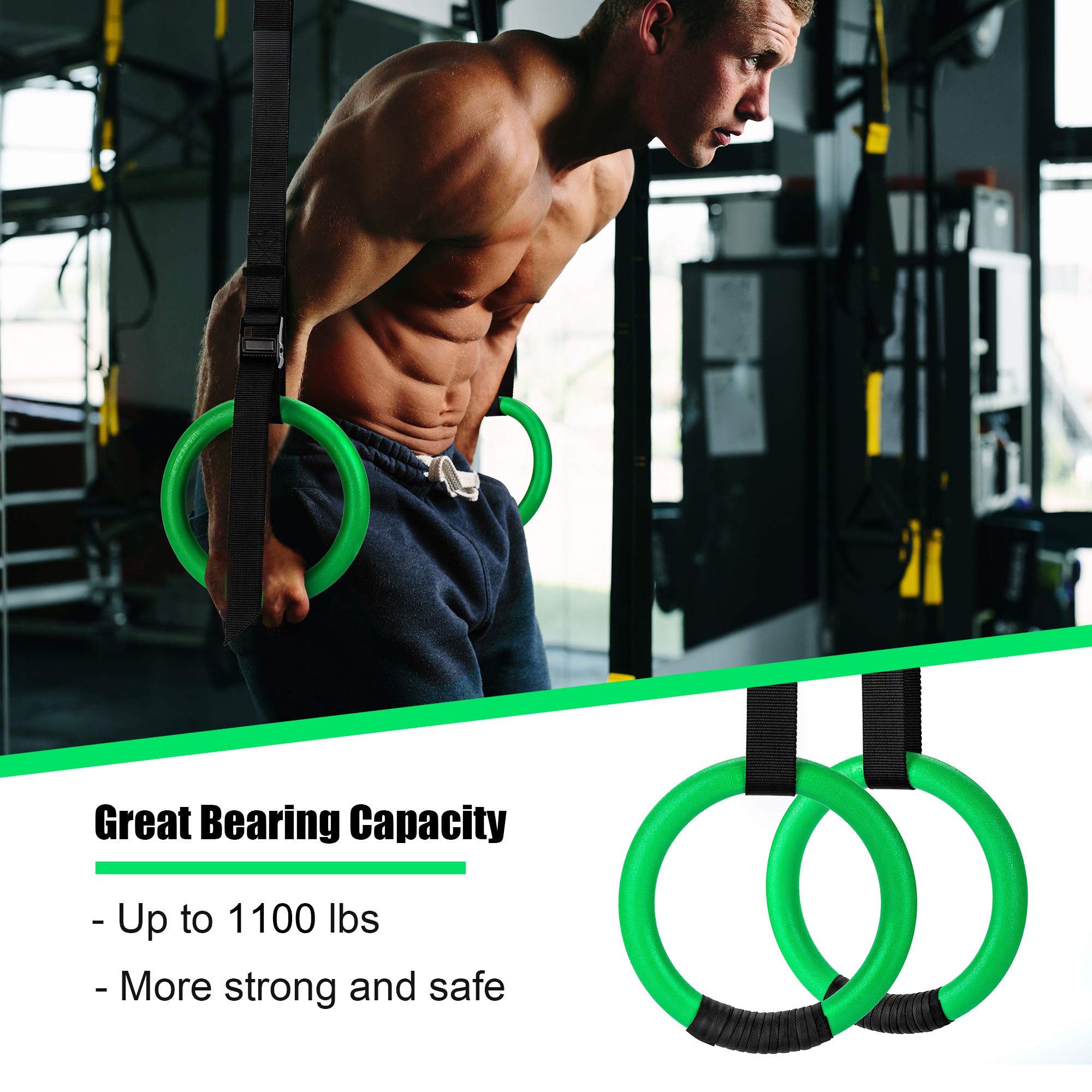 Pacearth Gymnastic Rings Green/Grey/Black/Orange/Red 1100Lbs Capacity With 14.76Ft Adjustable Buckle Straps Pull Up Exercise Rin