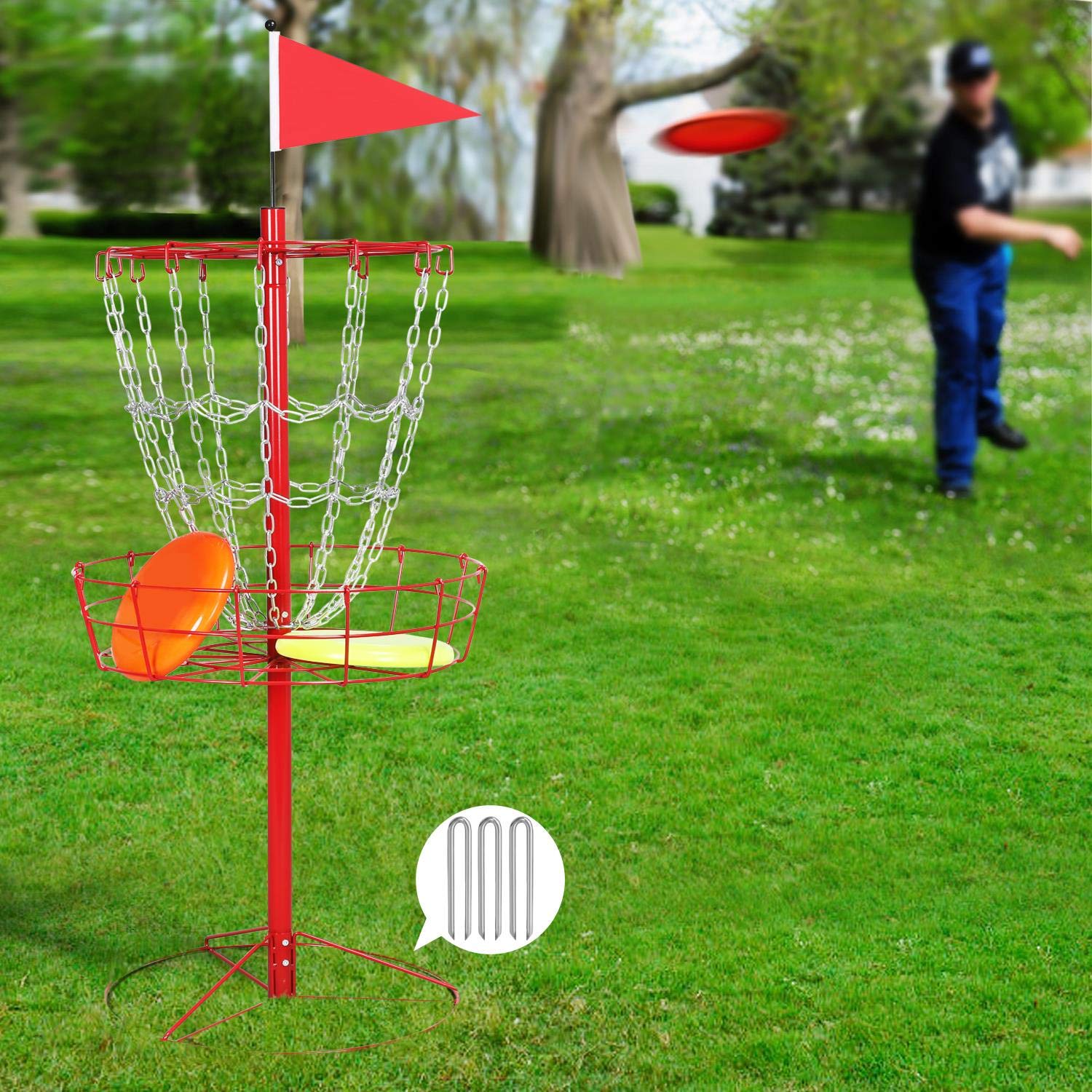 Yaheetech 12-Chain Portable Disc Golf Basket Target Accessories Disc Golf Set W/Basket Target And Double Steel Chains Red