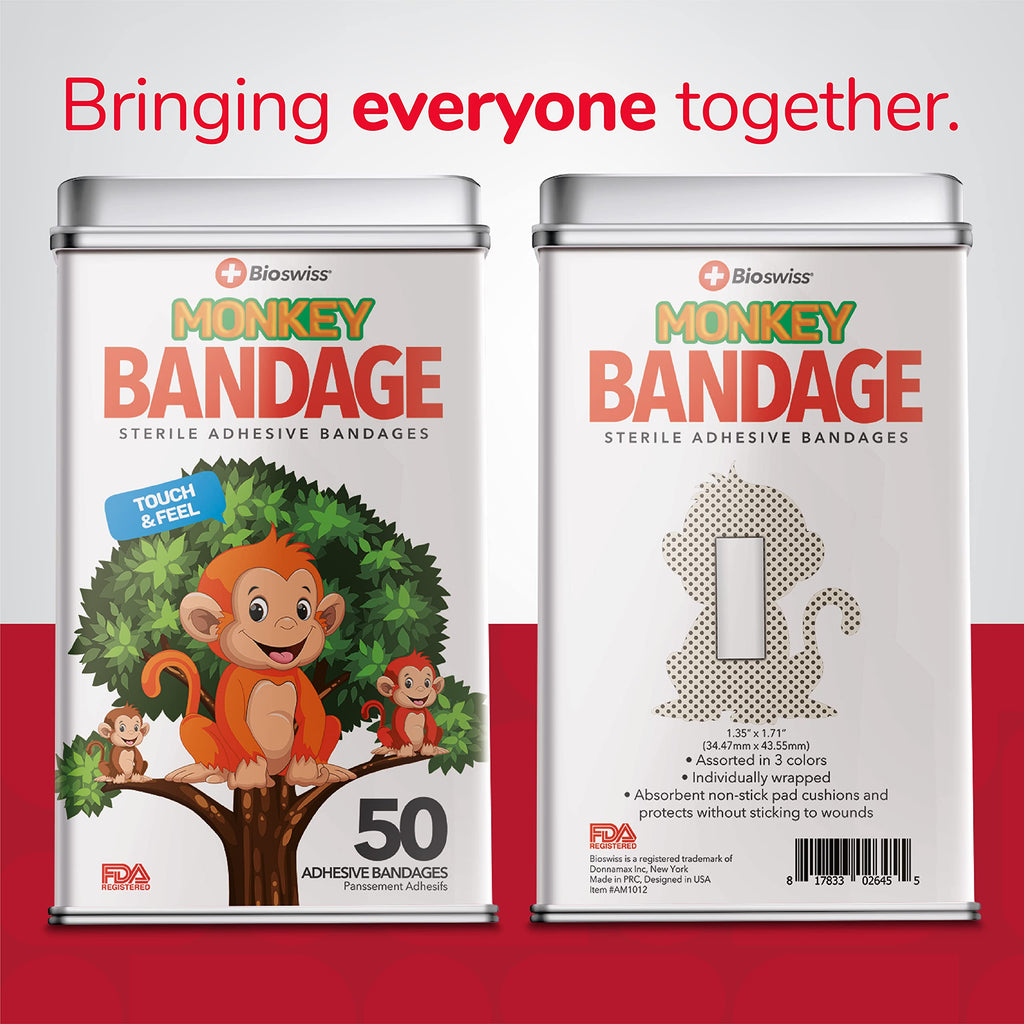Bioswiss Monkey Shaped Bandages First Aid Latex Free Adhesive Bandage For Kids And Adults, 50 Pack