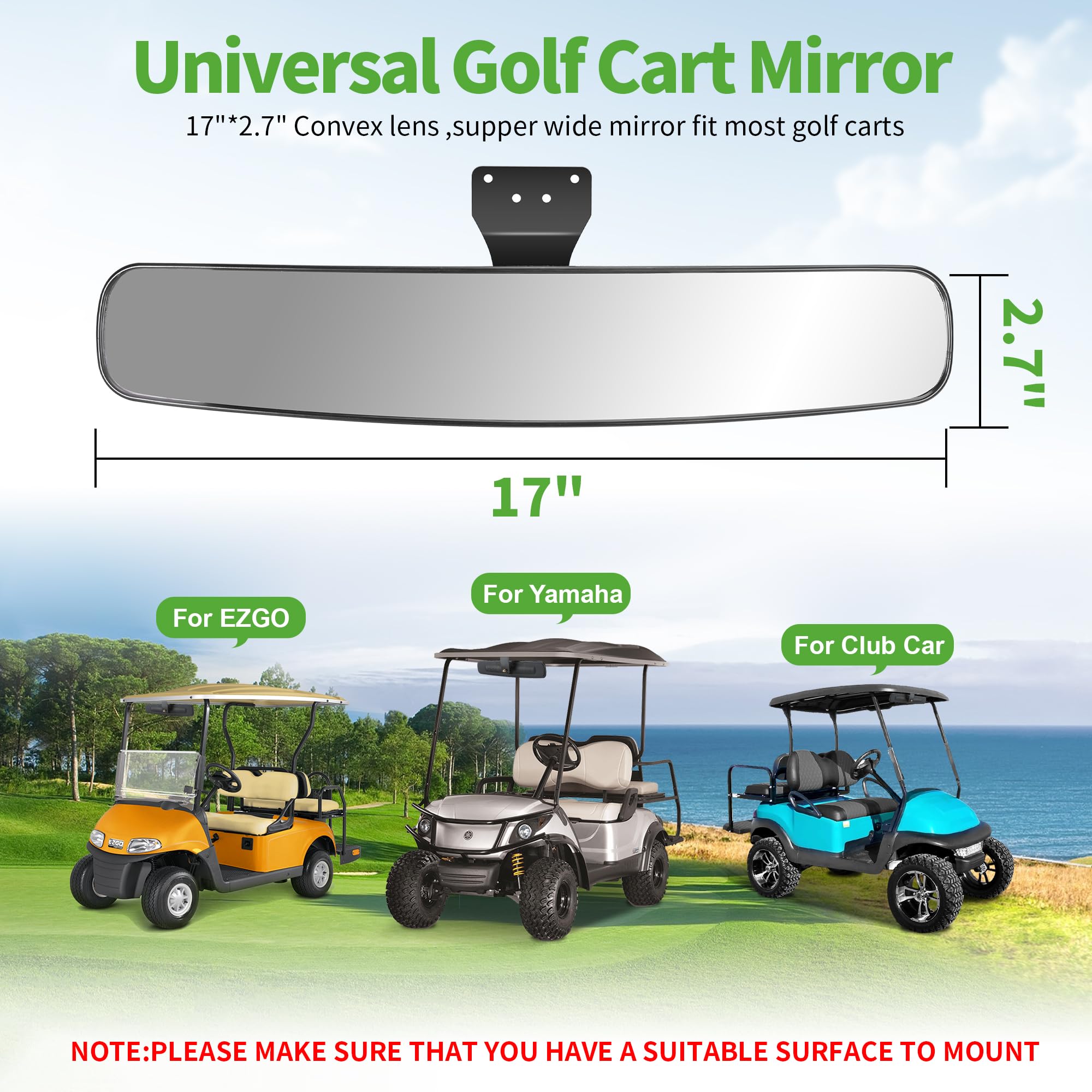 10L0L Universal Adjustable Golf Cart Panoramic Rear View Mirror, Rotatable 270 Rotation 16.5''Wide Angle Full Rearview Mirror Fo