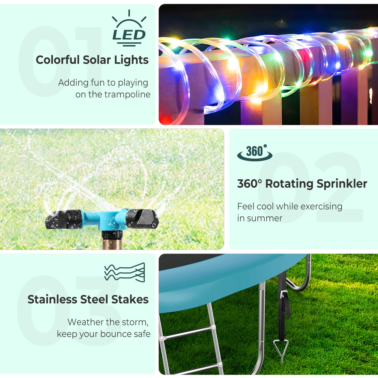 Lyromix Trampoline Accessories Kit, Trampoline Sprinkler, 50FT Solar Lights and Stakes, Non-Damaging to Net, Features 8 Light Mo