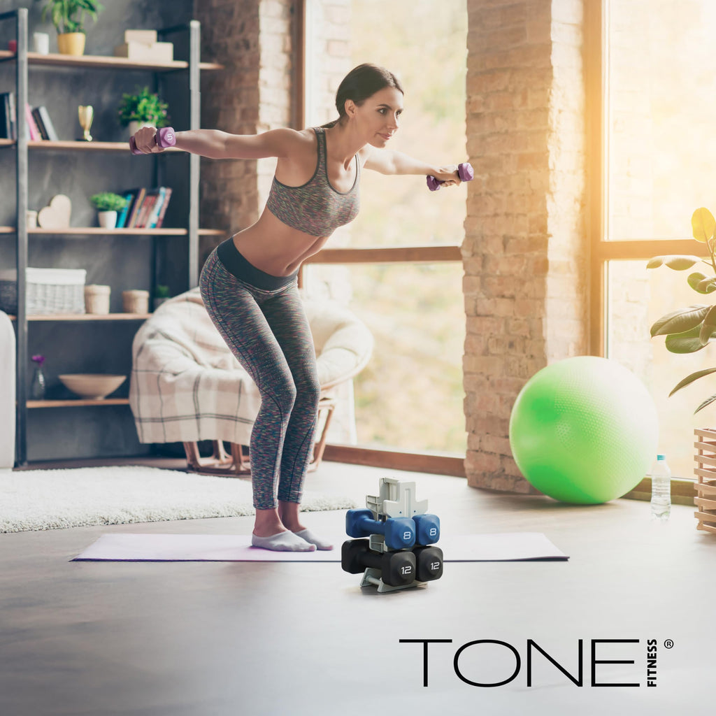 Tone Fitness 50 LB Neoprene Dumbbell Set with Storage Rack - Non-Slip, Anti-Roll Hand Weights for Home Gym Workouts - Mixed Colo