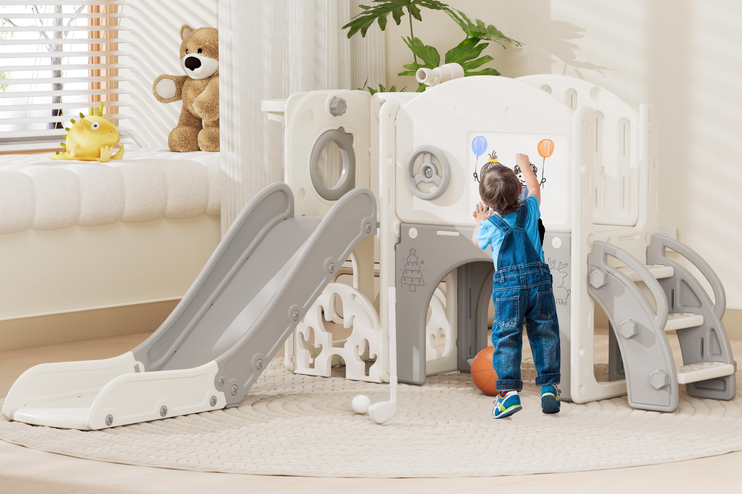 67i Toddler Playground Playset for 1-3 Year Olds with Golf, Drawing Board, Slide, Basketball Hoop & Storage (White Gray)