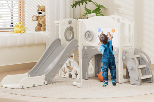 67i Toddler Playground Playset for 1-3 Year Olds with Golf, Drawing Board, Slide, Basketball Hoop & Storage (White Gray)