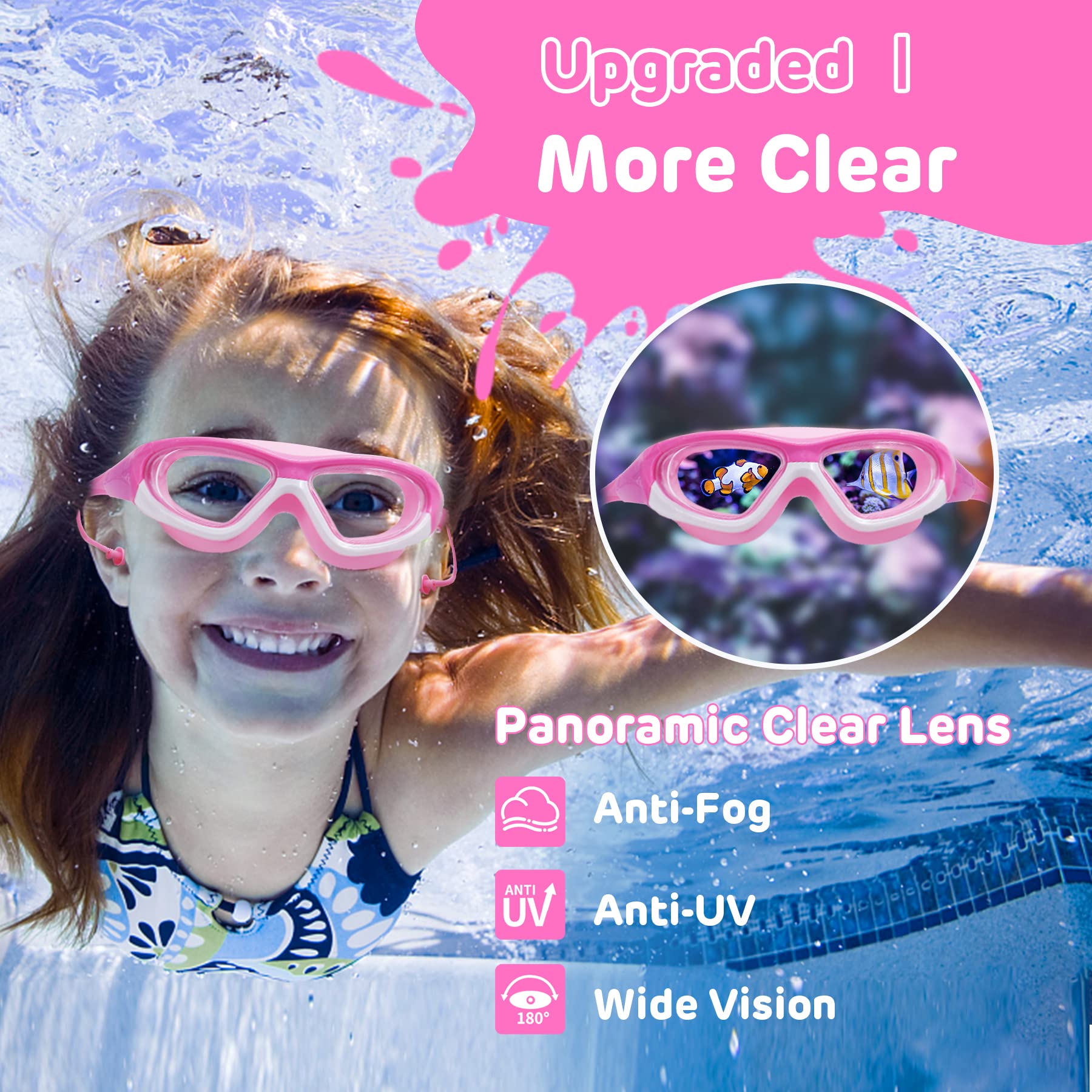 Vvinca Kids Swim Goggles, 2 Pack Swimming Goggles Wide View Anti-Fog Anti-Uv Pool Goggles, No Leak Quick Adjustable Strap Swimmi