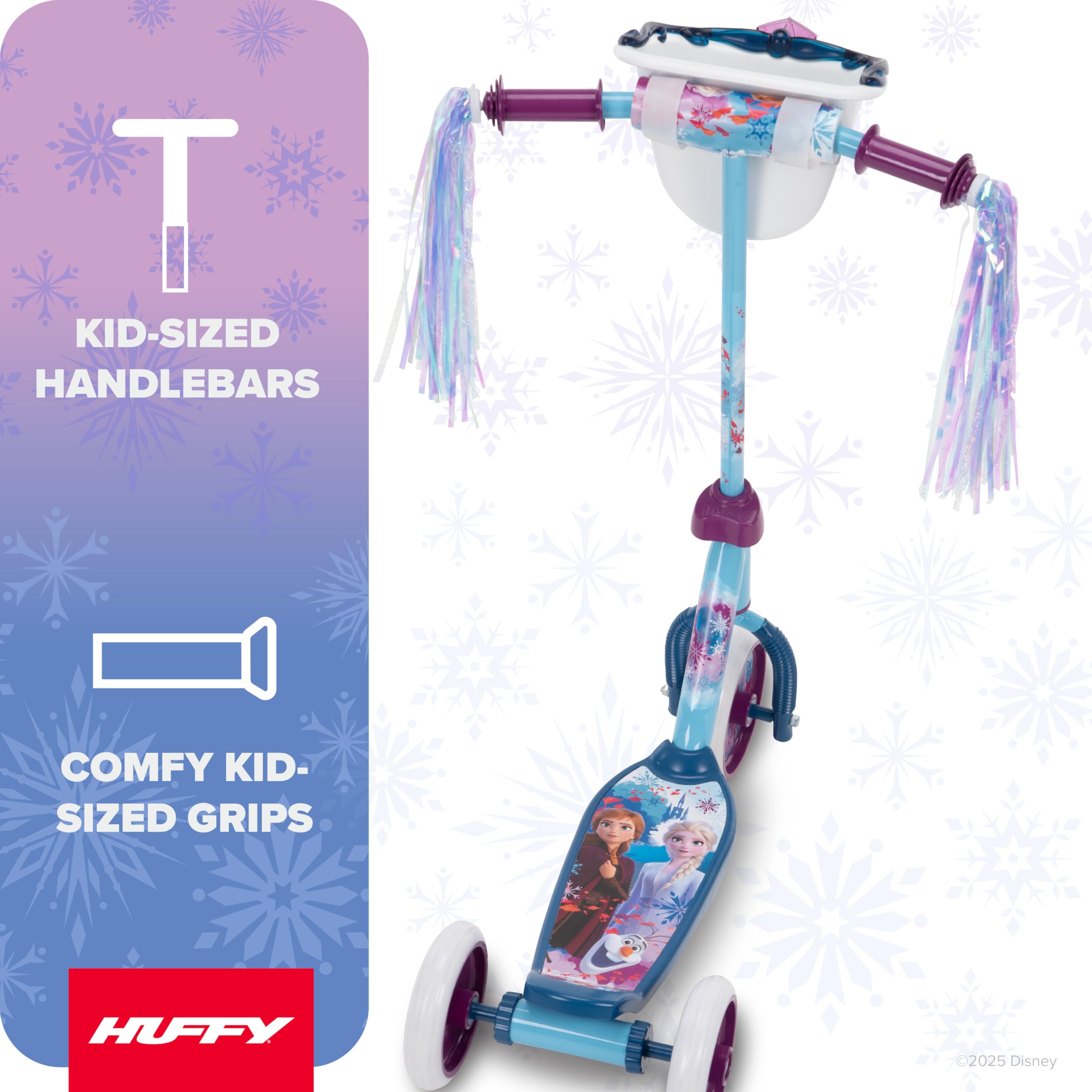 Huffy Disney Frozen 2 Toddler Scooter, Ideal for Ages 3+ Years Old, 3 Wheels, Handlebar Basket, Shimmering Streamers, Easy-Balan