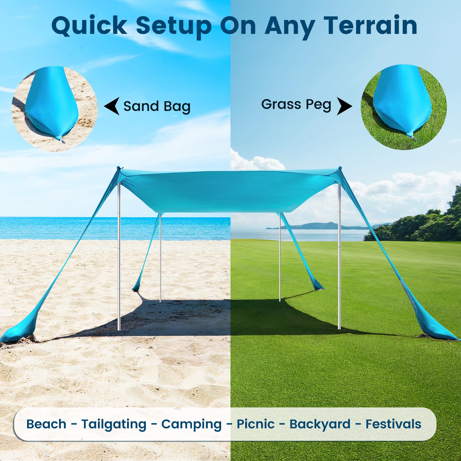 Beach Tent Sun Shelter - 10 X 10 Ft Beach Canopy Upf50+ Uv Protection With Sandbags, Poles, Grond Pegs And Anti-Wind Ropes For C