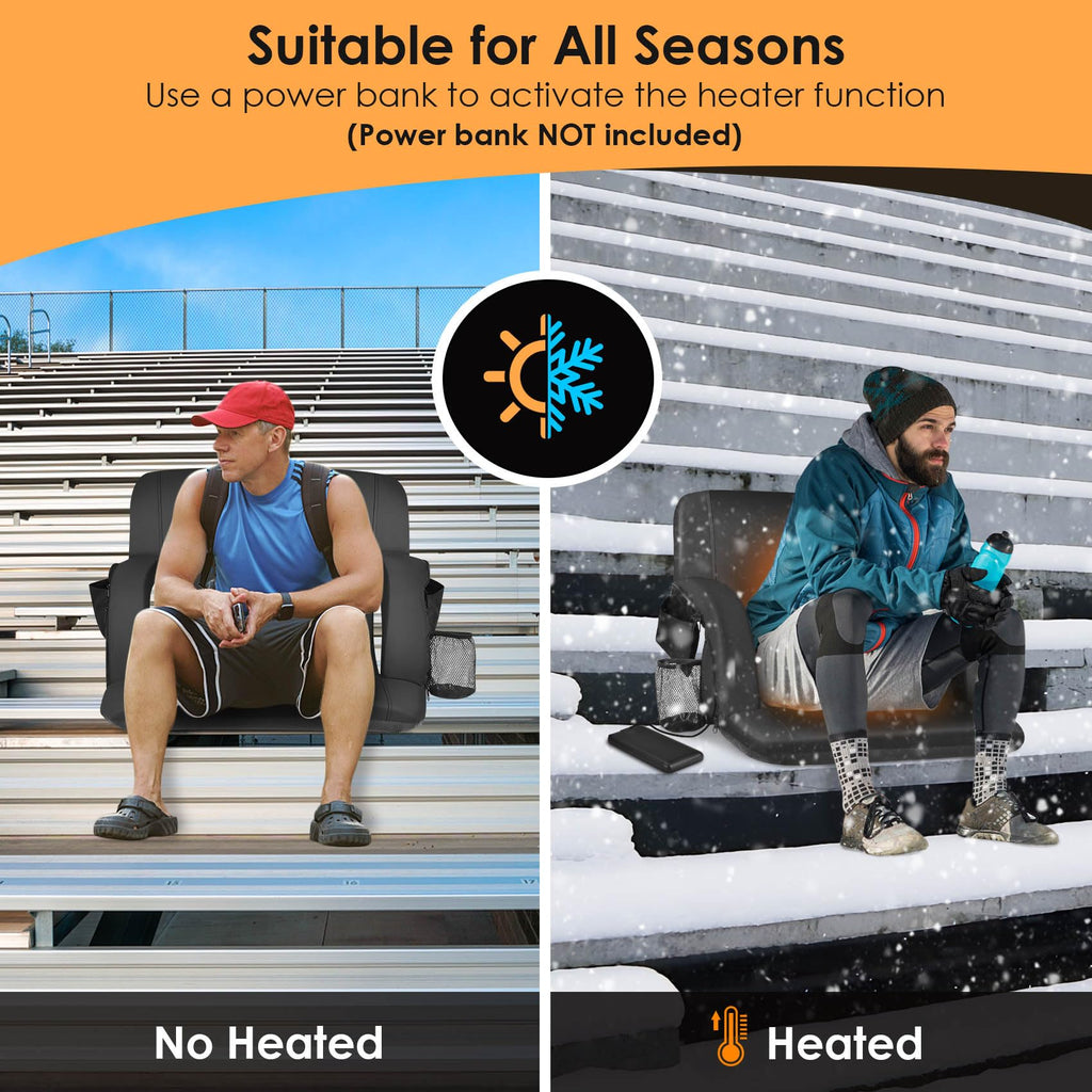 Double Heated Stadium Seats For Bleachers With Back Support And 25'' Wide Cushion, Extra Portable Bleacher Seat Foldable Stadium