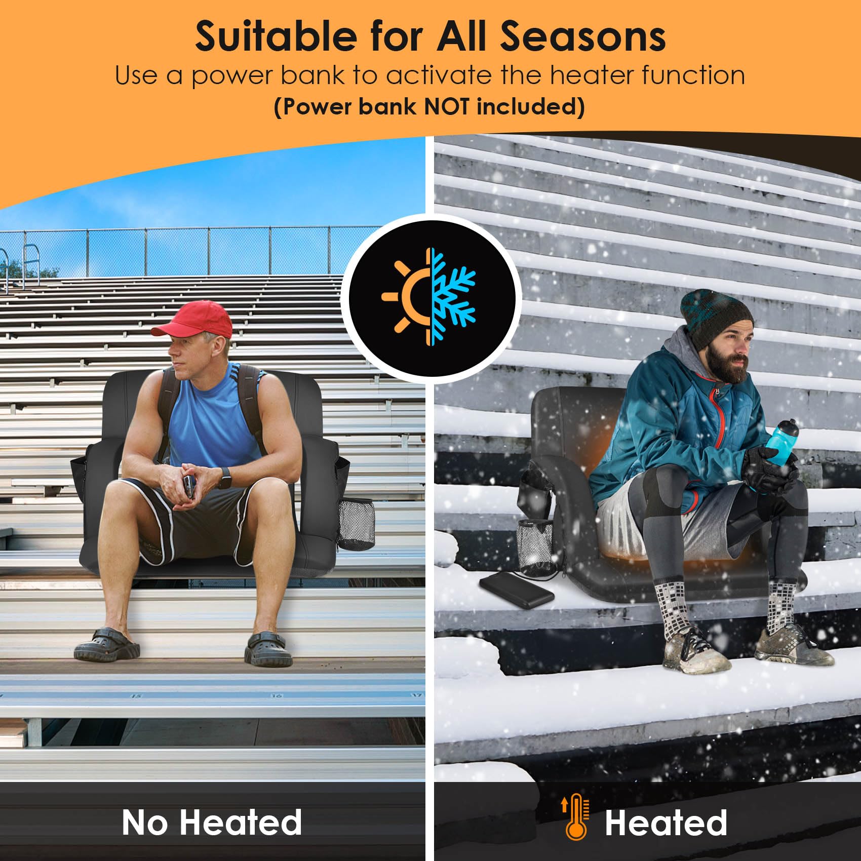 Double Heated Stadium Seats For Bleachers With Back Support And 25'' Wide Cushion, Extra Portable Bleacher Seat Foldable Stadium