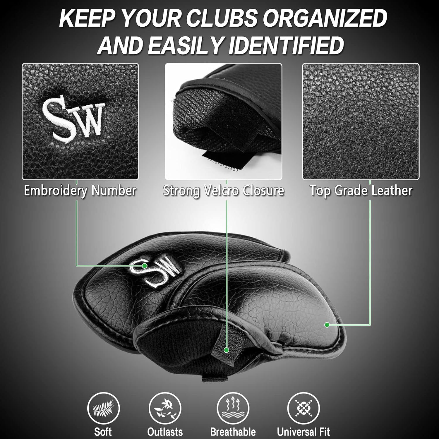 Finger Ten Golf Iron Head Covers Value 12 Piece Set, Synthetic Leather Deluxe Club Headcover, Universal Fit Main Iron Clubs (1 S