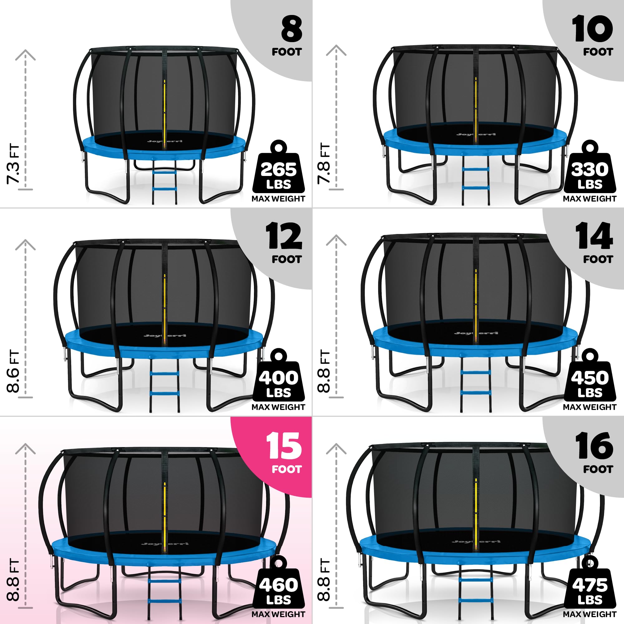 Trampoline for Kids and Adults - 8Ft 10Ft 12Ft 14FT 15ft 16ft Trampoline with Net - with Bonus Sprinkler and LED Lights/ASTM Cer