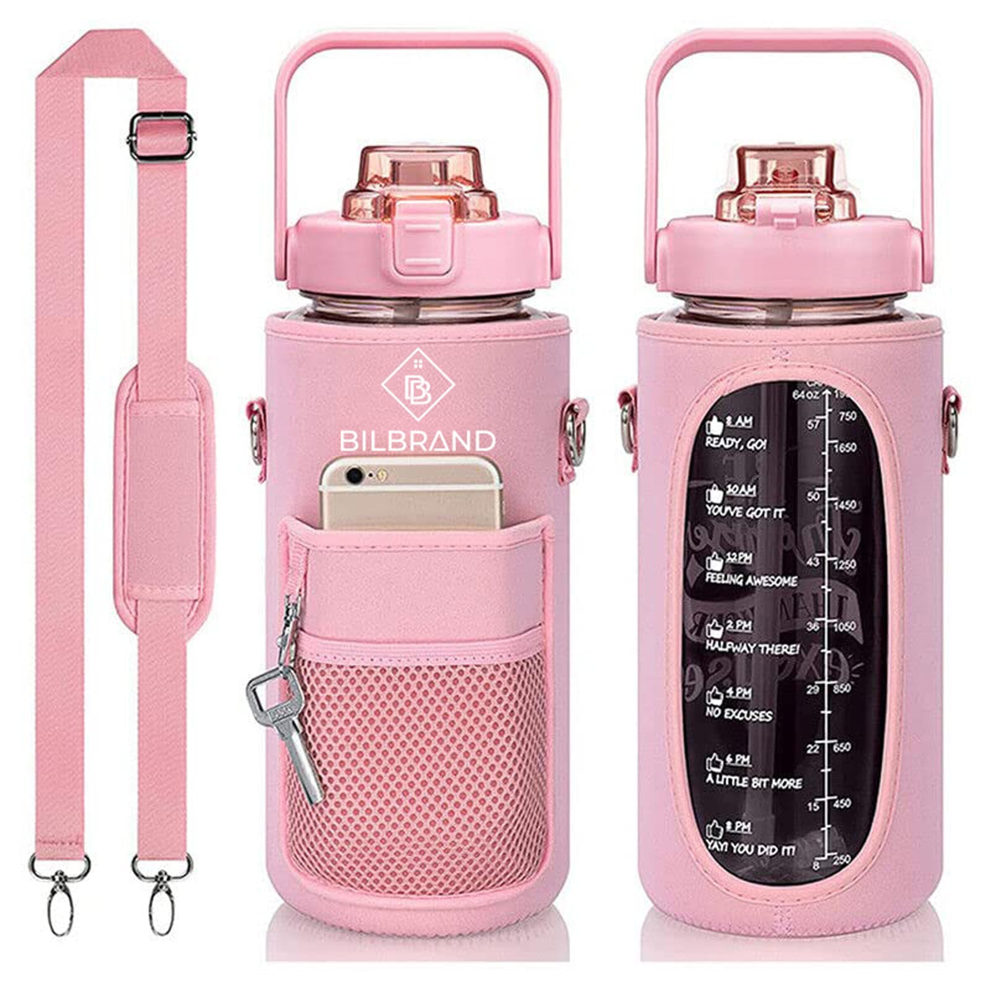 Bilbrand Bpa Free Tritan Water Bottle With Sleeve - 1/2 Gallon - 64 Oz - Motivational - Leak-Proof Sports & Travel Water Jug - B