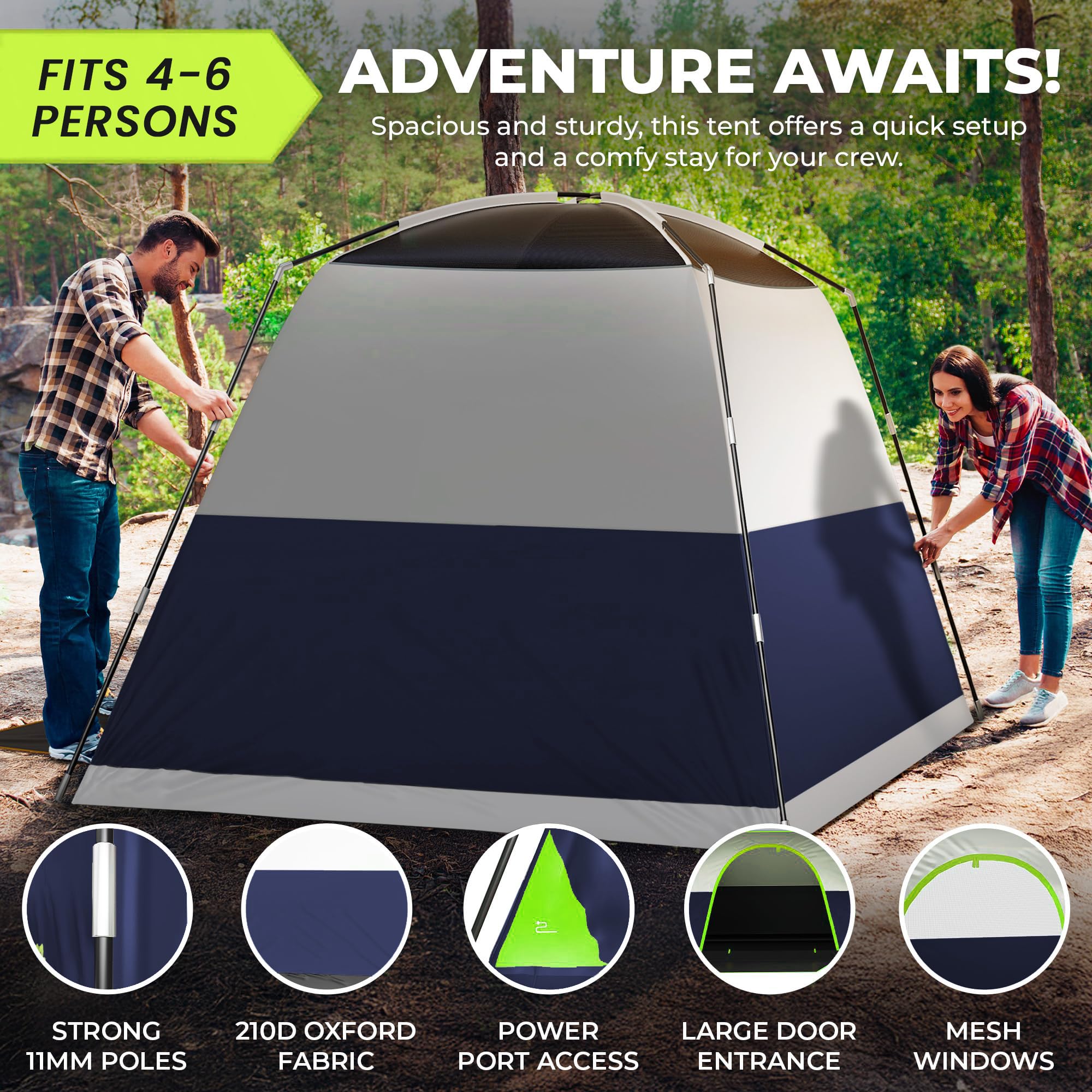 Arktrek 6 Person Tents For Camping-Robust Family Camping Tent Cabin W Ground Sheet, Rainfly Cover, Powerport-Comfy Large Quick,