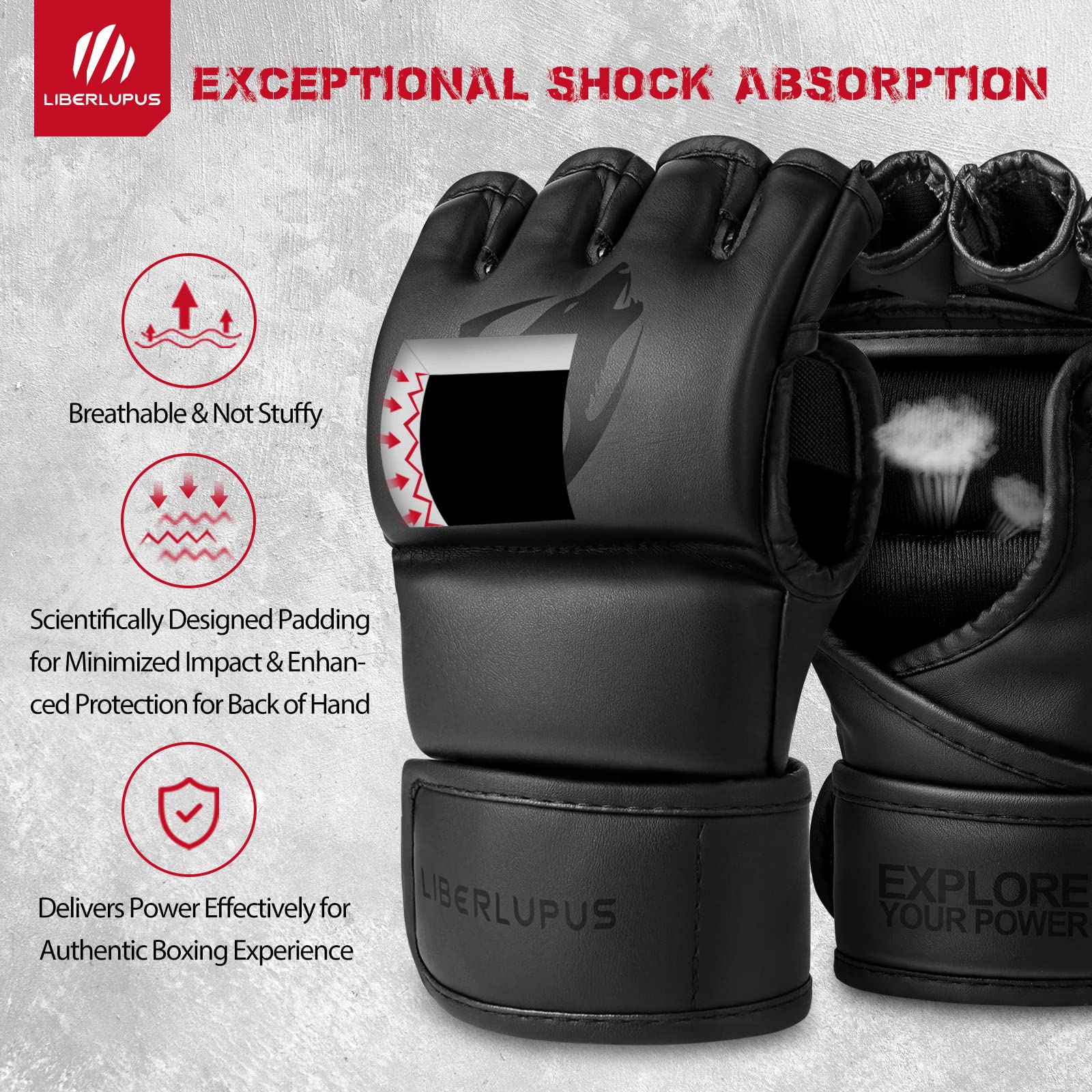 LIBERLUPUS MMA Gloves Sparring for Men- Open Palm Training Gloves for Grappling, Kickboxing, Muay Thai, Youth Self-Defense, Heav