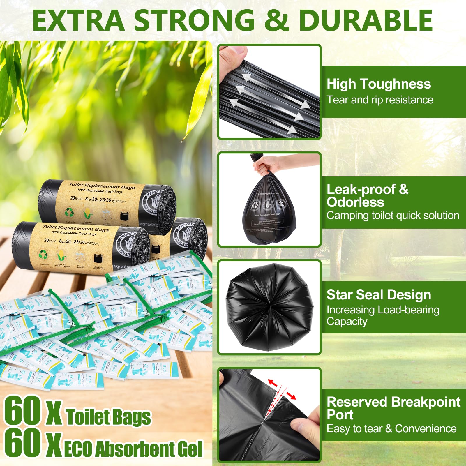 Blika 60 Count Camping Toilet Bags Eco Absorbent Gel Set, Portable Toilet Bags With Gel, 8 Gallon, 30 Liter, Heavy Duty 1 Mil, T