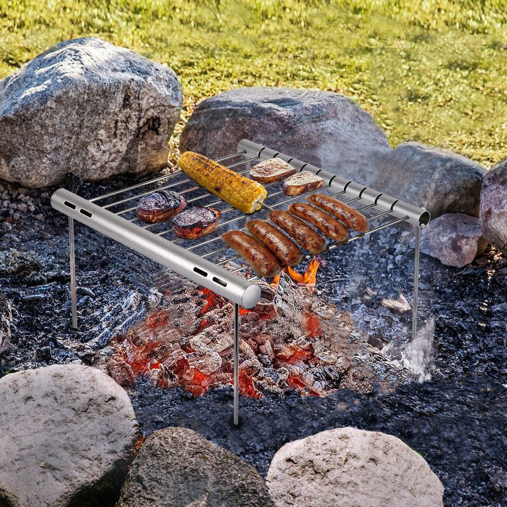 Nashrio Portable Camping Grill, Folding Compact Stainless Steel Charcoal Barbeque Grill For Picnics, Backpacking, Backyards, Sur