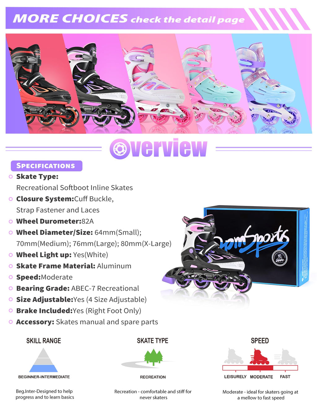 2PM SPORTS Vinal Inline Skates for Girls Boys Kids Ages 5-8 8-12 with Adjustable Illuminating Wheels, Inline Roller Skates for Y