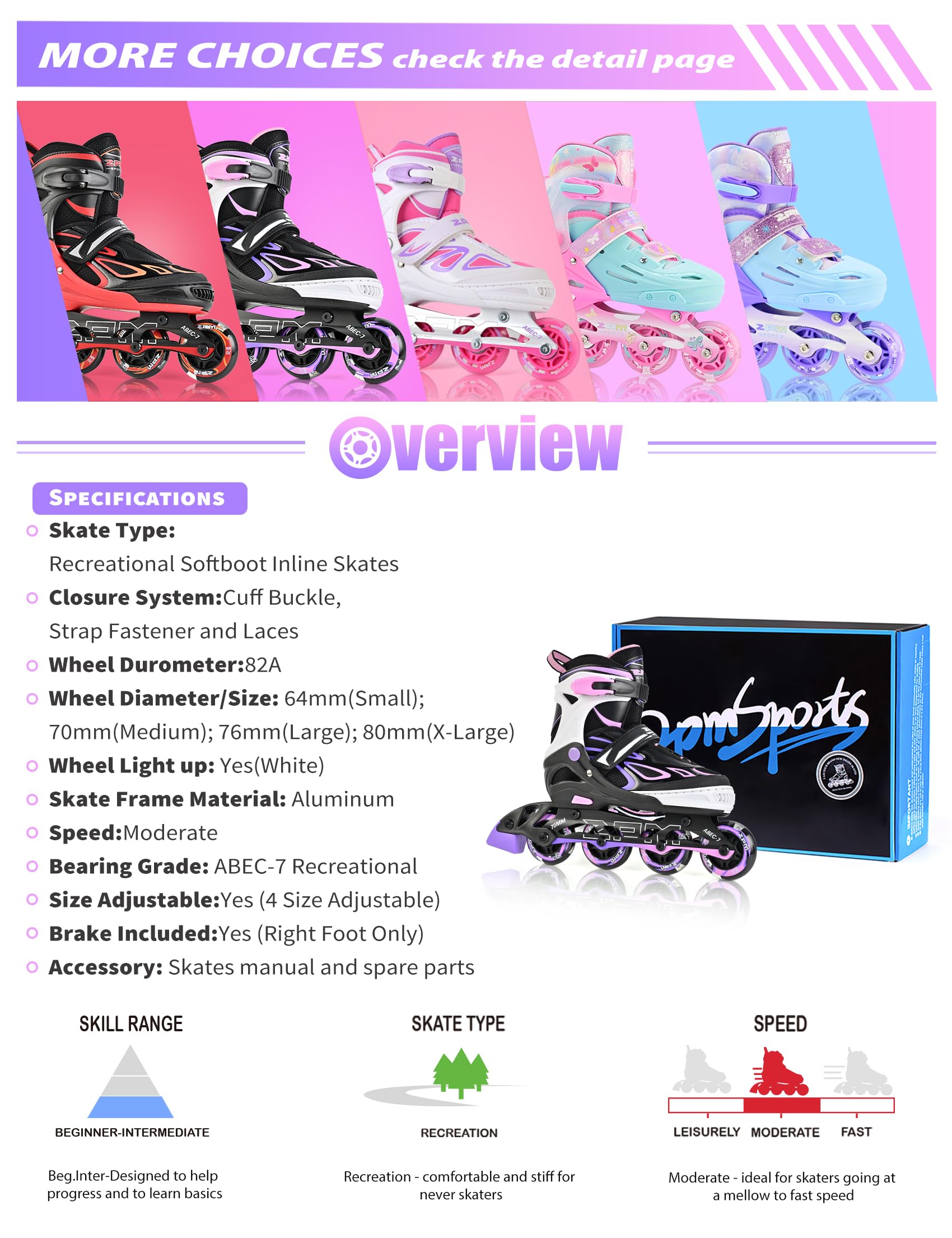 2PM SPORTS Vinal Inline Skates for Girls Boys Kids Ages 5-8 8-12 with Adjustable Illuminating Wheels, Inline Roller Skates for Y