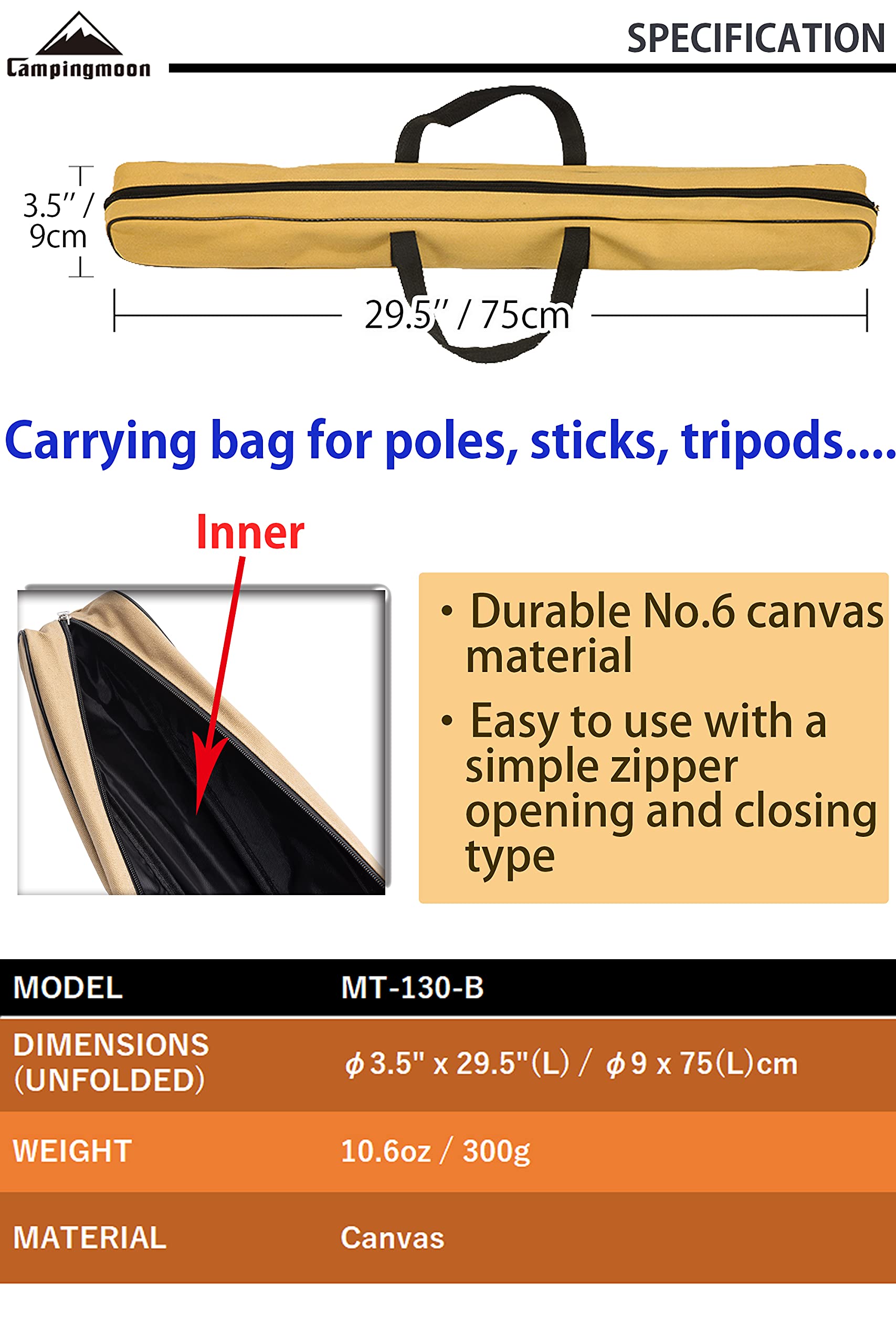 Camping Moon Campingmoon 29.5-Inch Length Canvas Pole Case Carrying Bag Tripod Stand Storage Case Mt-130-B