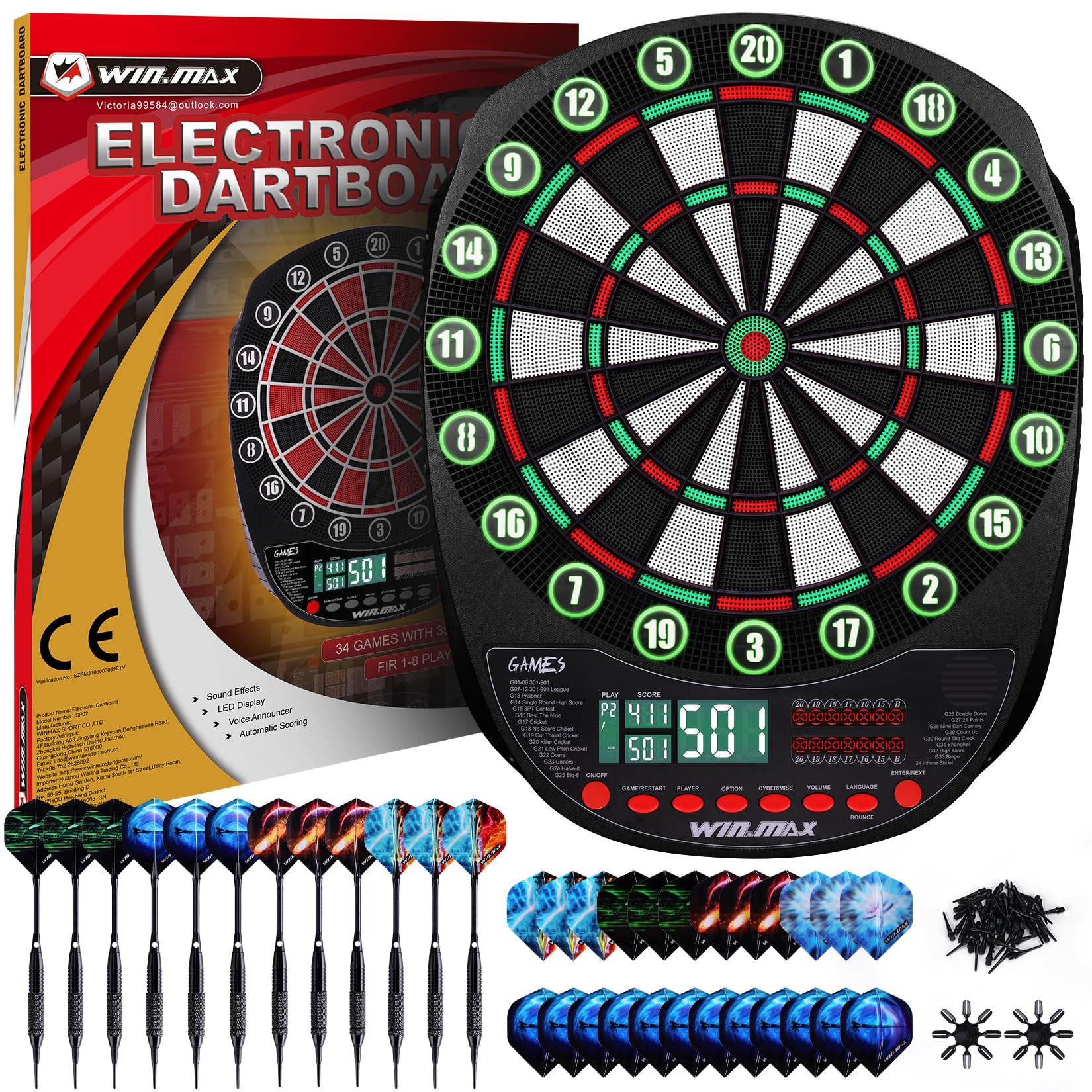 WIN.MAX Electronic Dart Board Soft Tip Dartboard Set LED Displays 3 Languges with 12 Darts 100 Tips Power