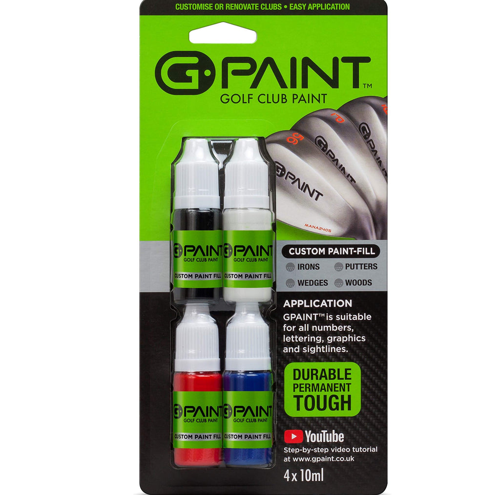 G-Paint Golf Club Paint - Touch Up, Fill In, Customize Or Renovate Your Clubs - 4 Pack Of 10Ml Bottles. Black, White, Red & Blue