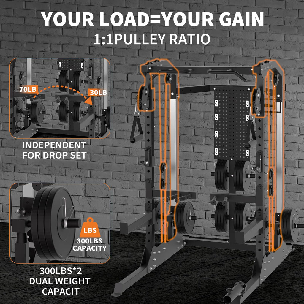 Power Cage, 2000 LB Squat Rack with Dual Pulley Cable Crossover, Multi-Function Home Gym Power Rack with Attachments, Full Body