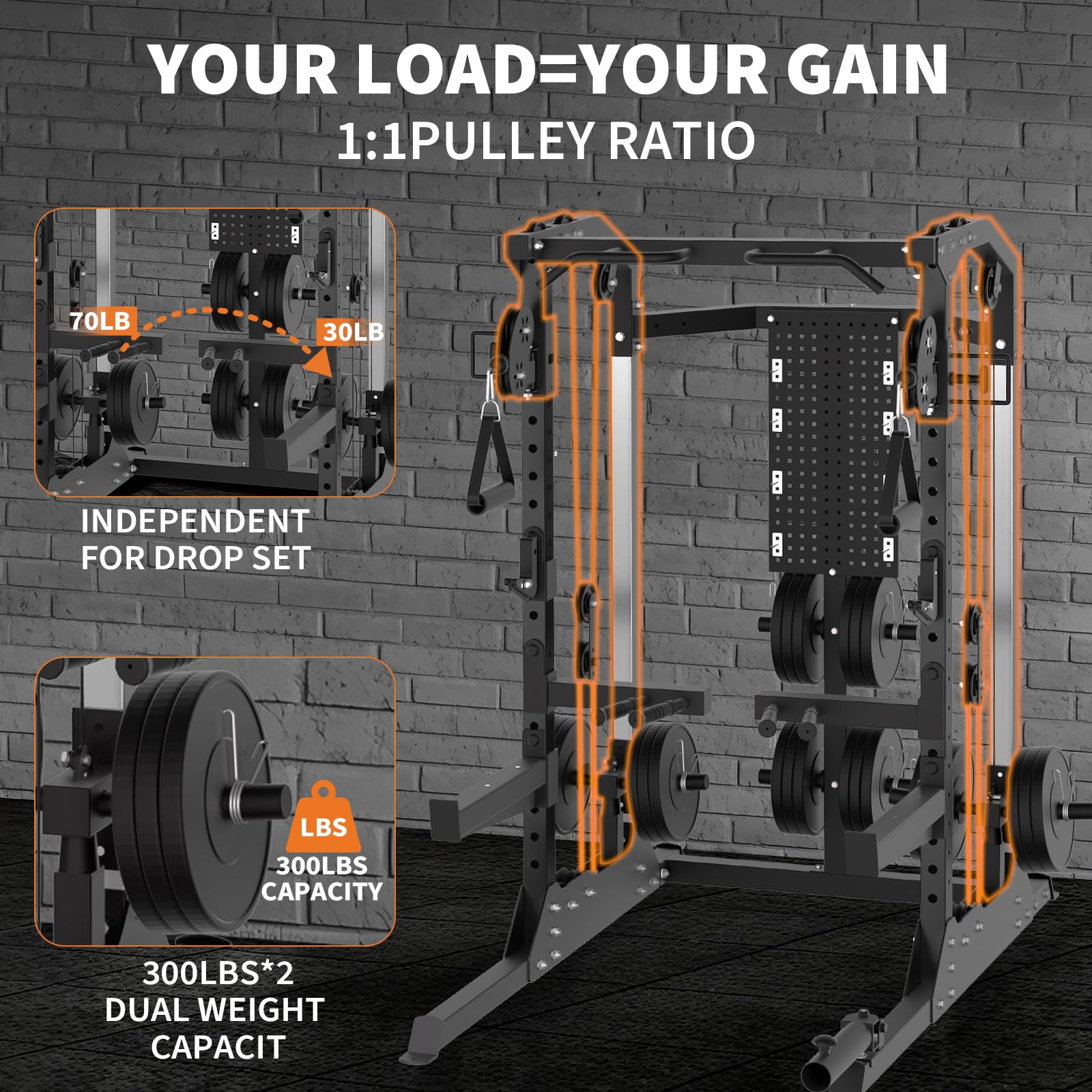 Power Cage, 2000 LB Squat Rack with Dual Pulley Cable Crossover, Multi-Function Home Gym Power Rack with Attachments, Full Body