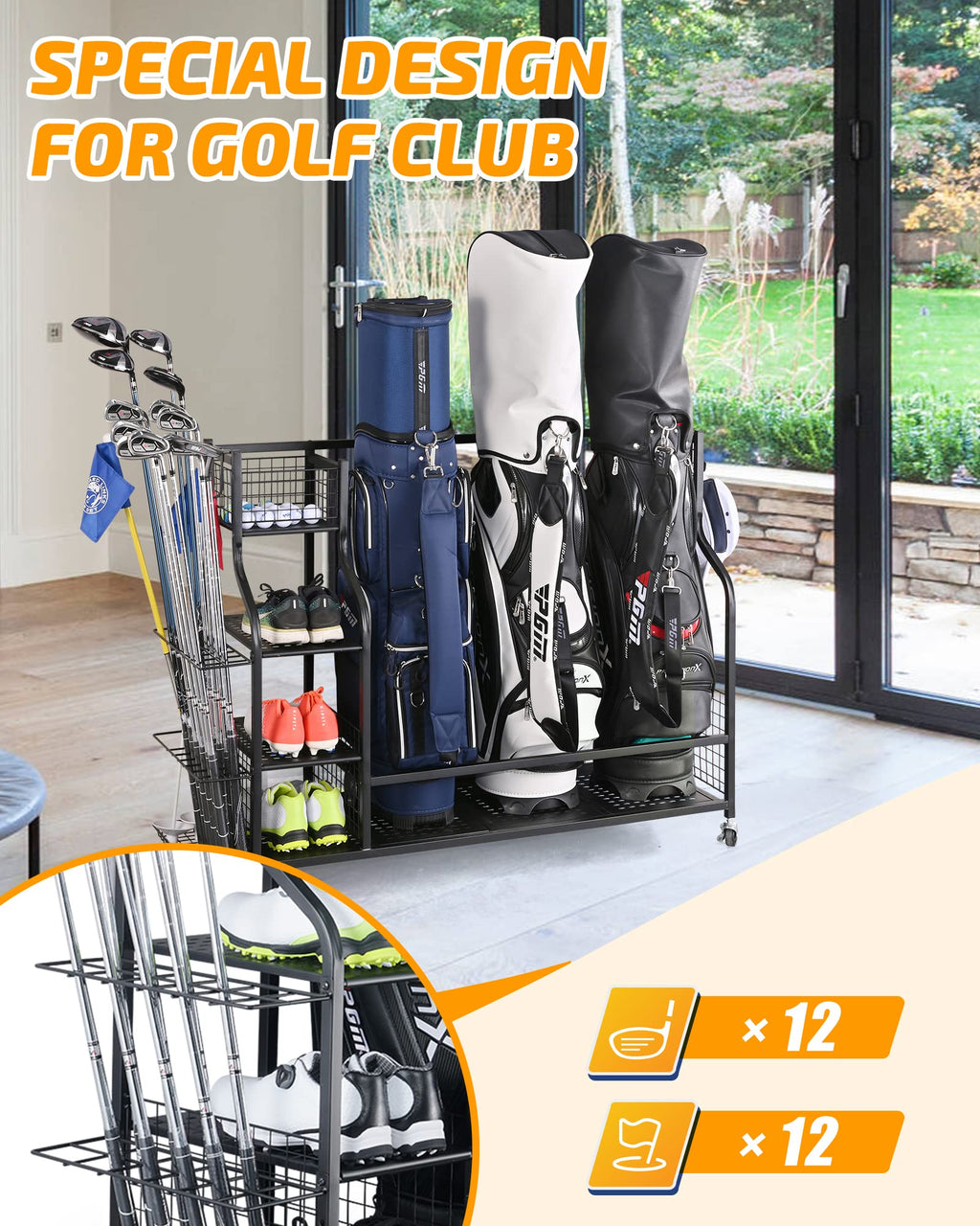 Plkow Golf Bag Storage Garage Organizer, Extra Large Size Golf Bag Storage Stand And Golf Equipment Rack For Garage,Shed, Baseme
