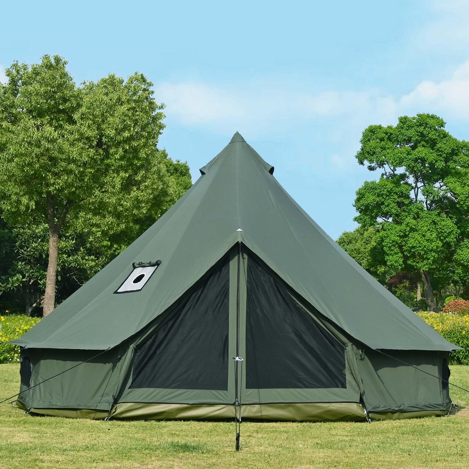 Waldzimmer Canvas Bell Tent 13.1Ft Green With Pre-Cut Stove Jack, Spacious 4M Family Yurt Tent For 4-5 Person, 4 Season Water-Re