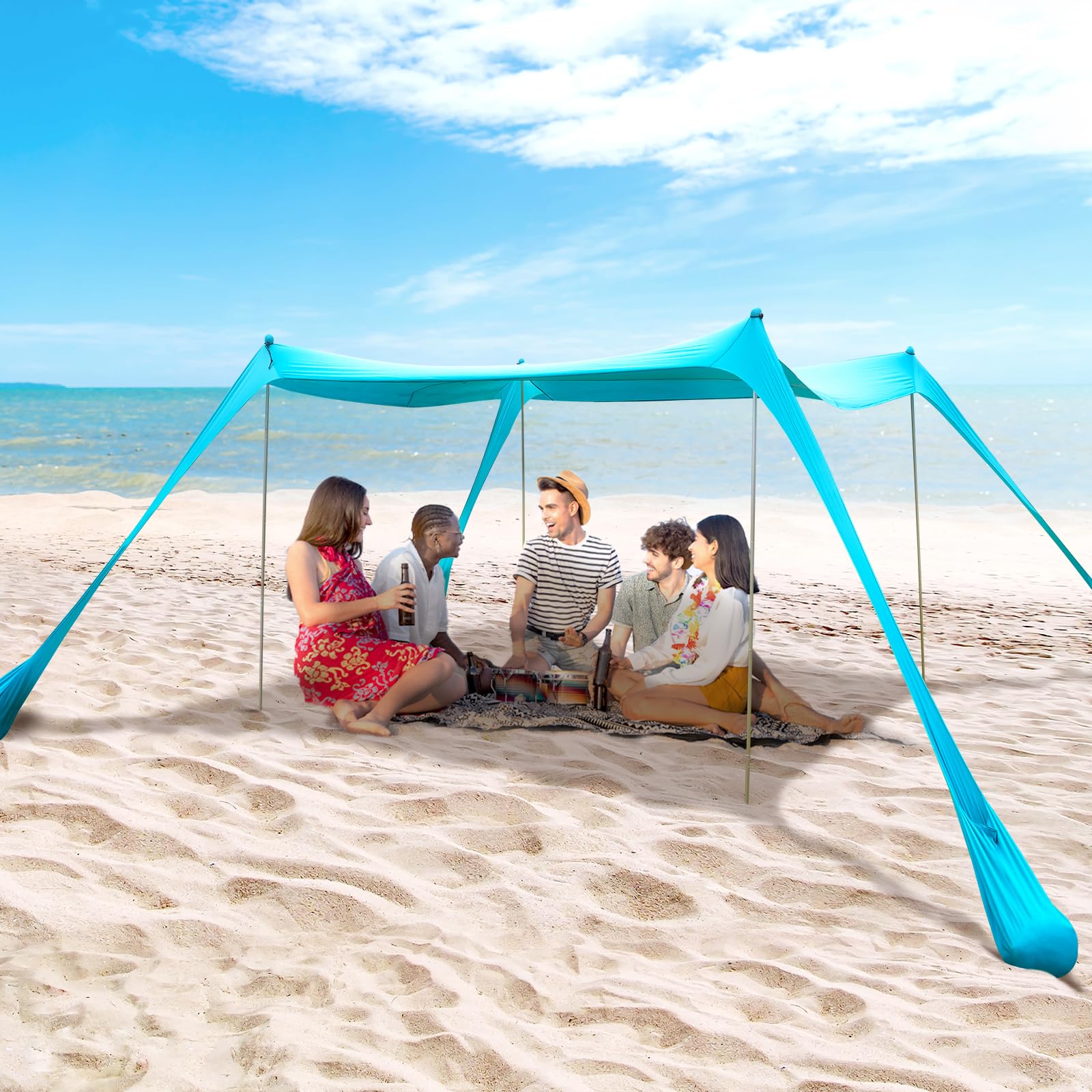 Botindo Family Beach Tent Canopy Sun Shade, Pop Up Grande Beach Tent Sun Shelter Stability 4 Poles With Portable Carry Bag Outdo