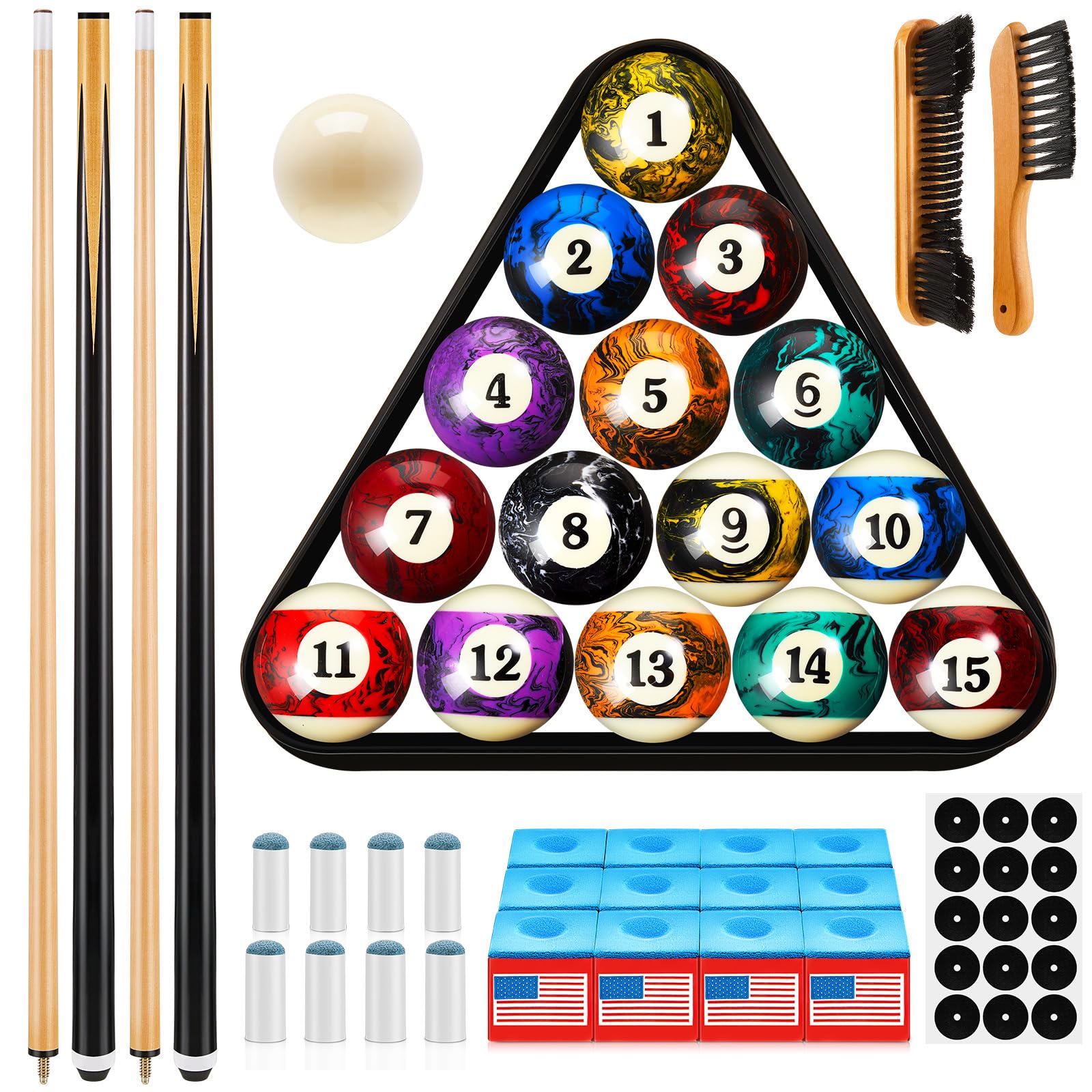 Outus 71Pcs Pools Table Accessories Billiards Balls With Triangle Stand Pool Cue Chalks Cue Spot Sticker Brush(Dark Marble Style