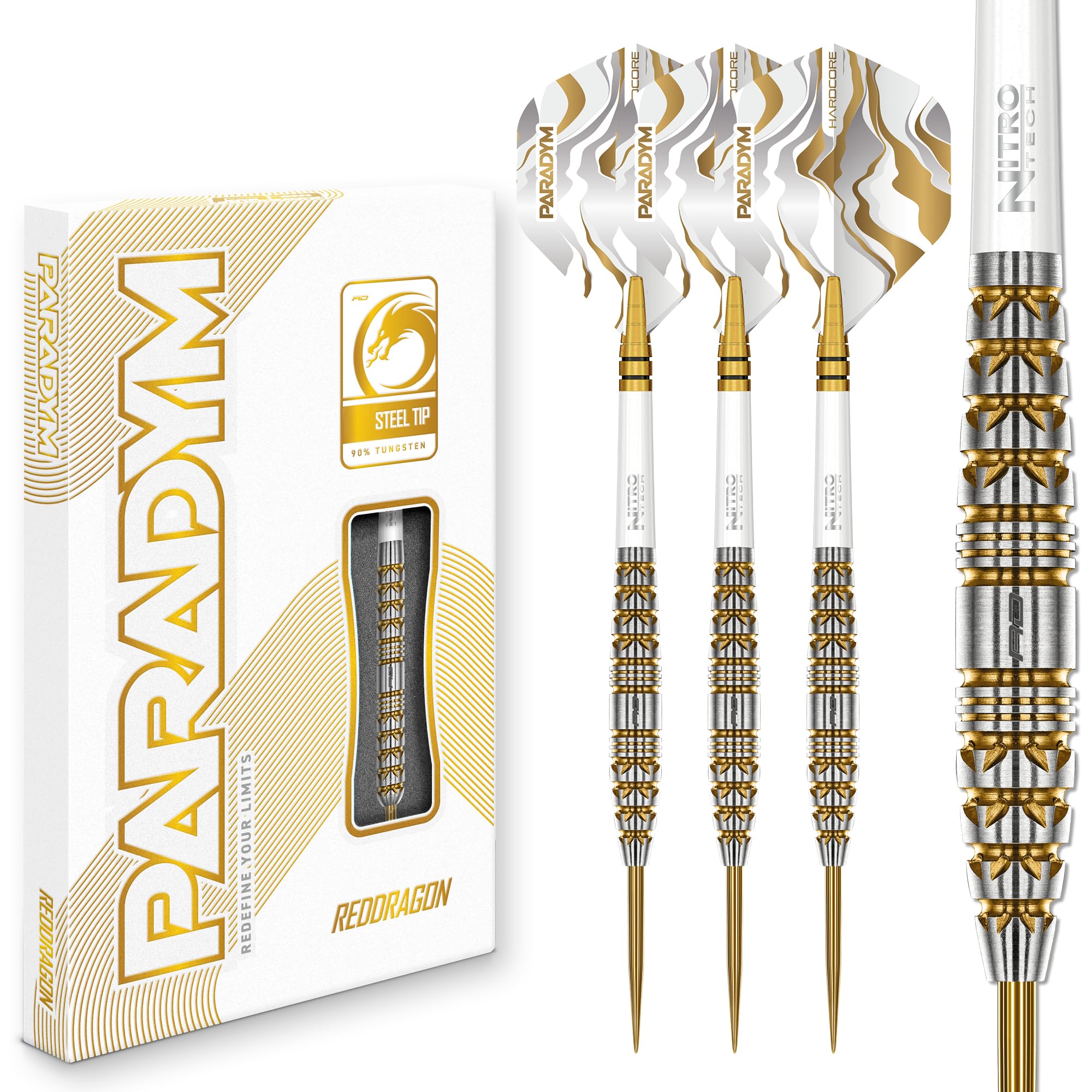 RED DRAGON Paradym Gold Series 23g Steel Tip Darts Set - 90% Tungsten Parallel Barrels, Paradym Flights & Nitro Tech Shafts - Go