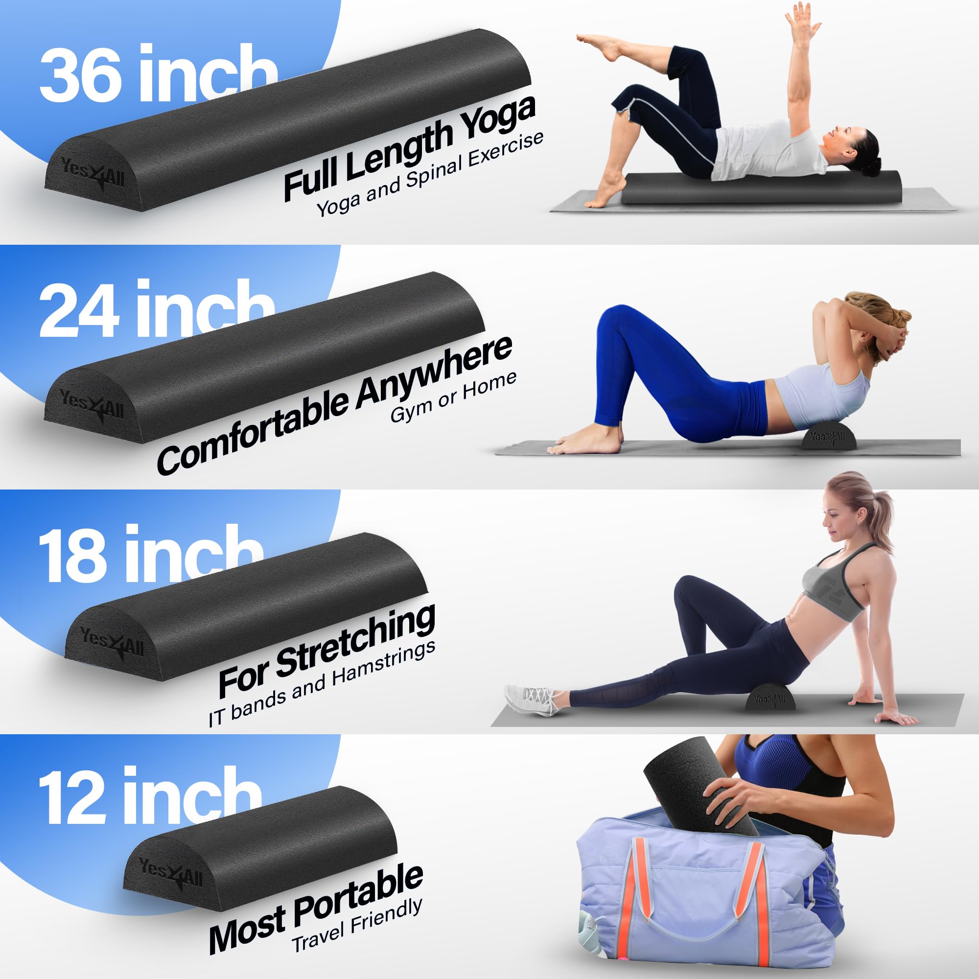 Yes4All Half Foam Rollers, Soft Density Round Pe Foam Roll For Back Massage, Yoga Exercise - 24 Inches