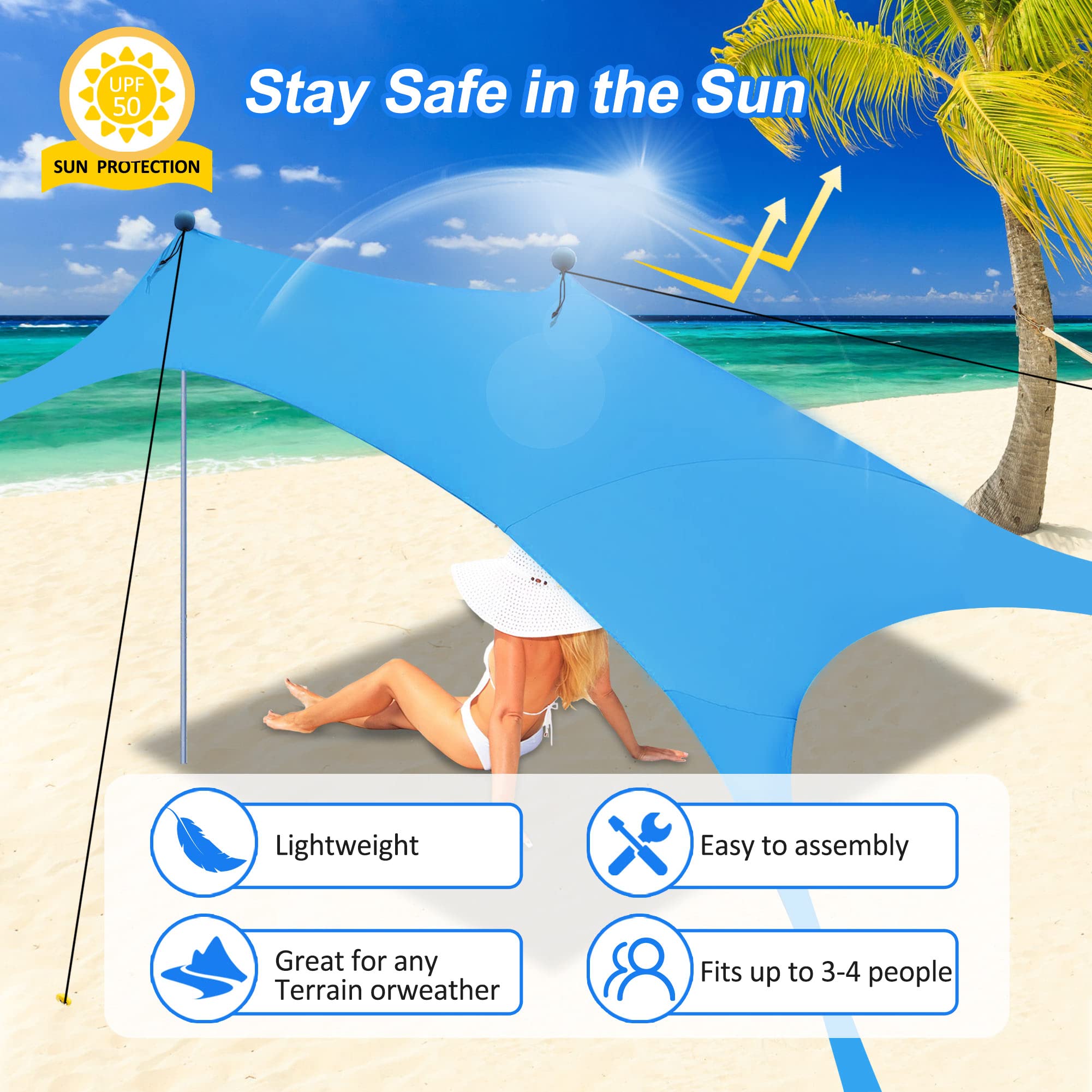 Beach Canopy Tent Sun Shade With Upf 50+ Uv Protection, Beach Tent Sun Shelter With Sandbags, Poles And Ground Pegs And Anti-Win