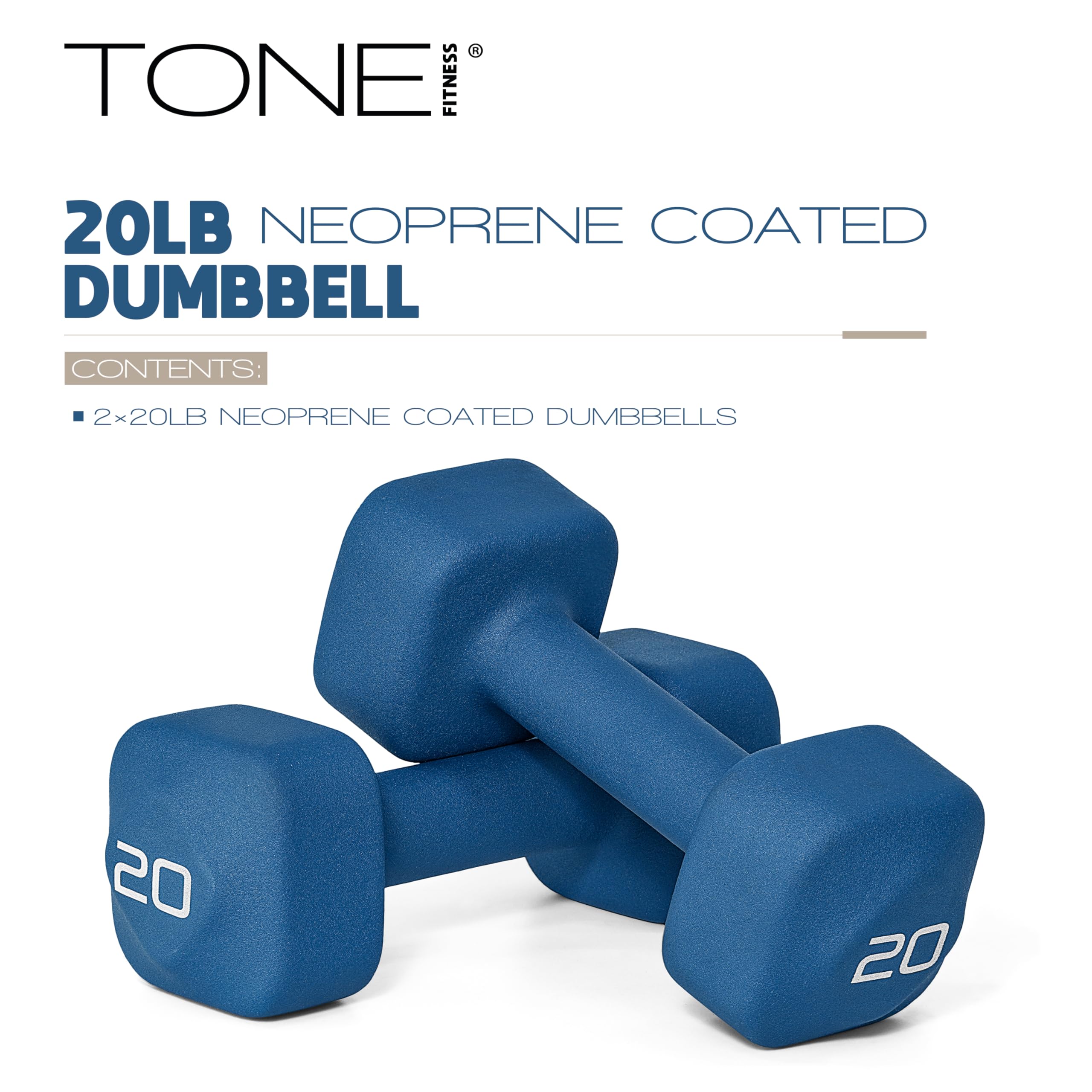 Tone Fitness 20 lb Neoprene Dumbbell Pair for Home Workouts - Non-Slip Design - Blue