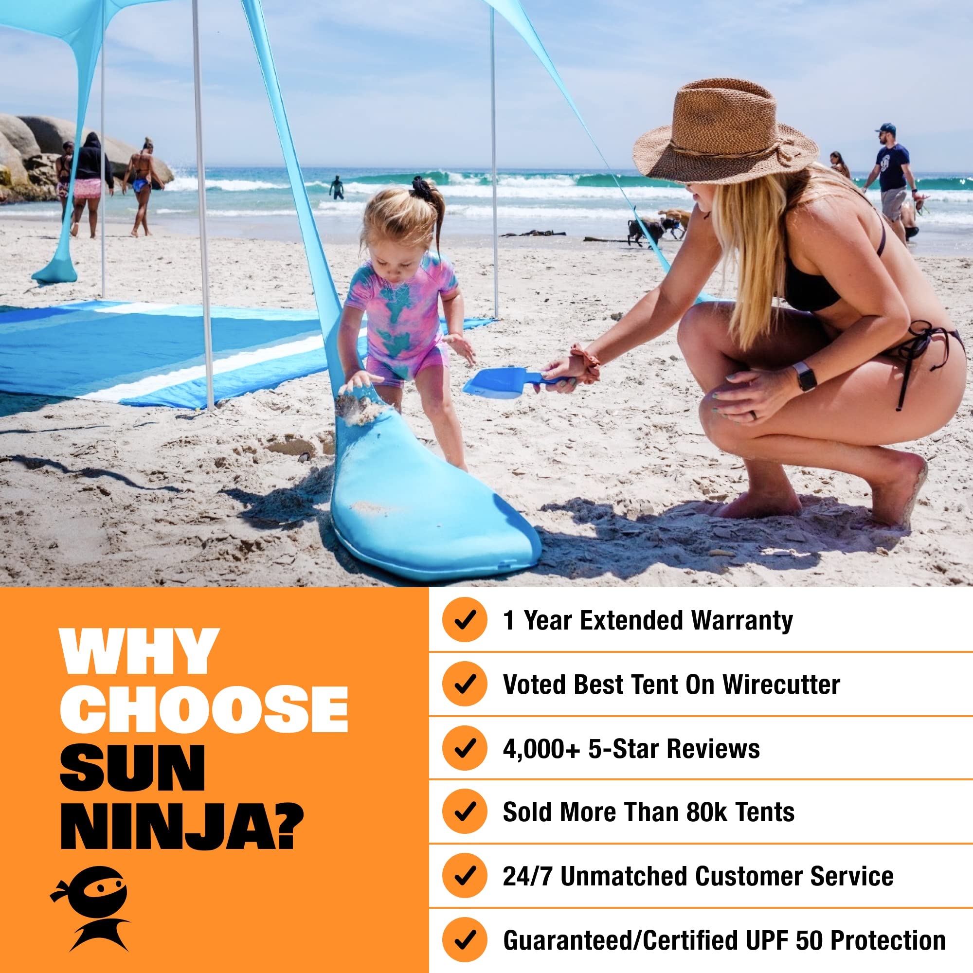 Sun Ninja Beach Tent Sun Shelter With Upf50+ Protection, Includes Sand Shovel, Ground Pegs And Stability Poles, Outdoor Pop Up B
