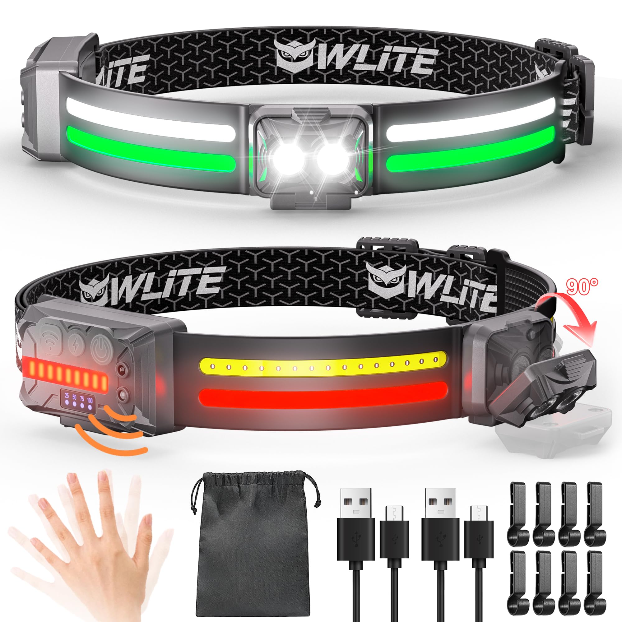 EGUKU Headlamp Flashlight, 2Pack Rechargeable LED Headlamps 1200Lumens 2 COB 260Wide Beam Headlight with Motion Sensor Bright 18