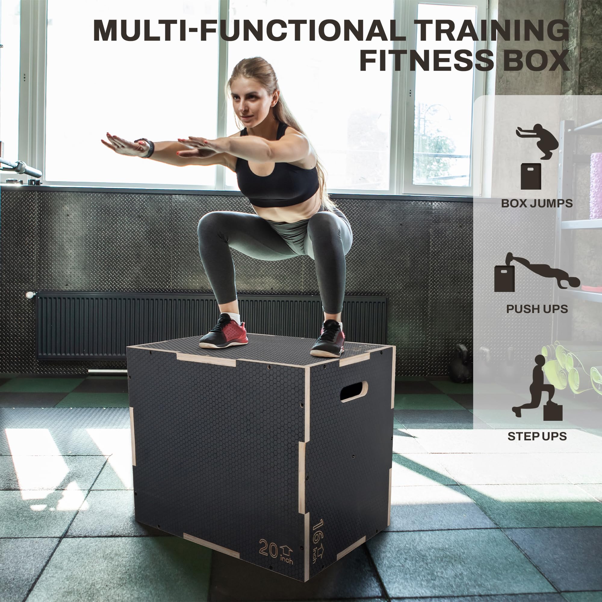 Fitvids 3 In 1 Non-Slip Wooden Plyo Box Plyometric Box Jumping Exercise, 16X20X24 Inches, Gray