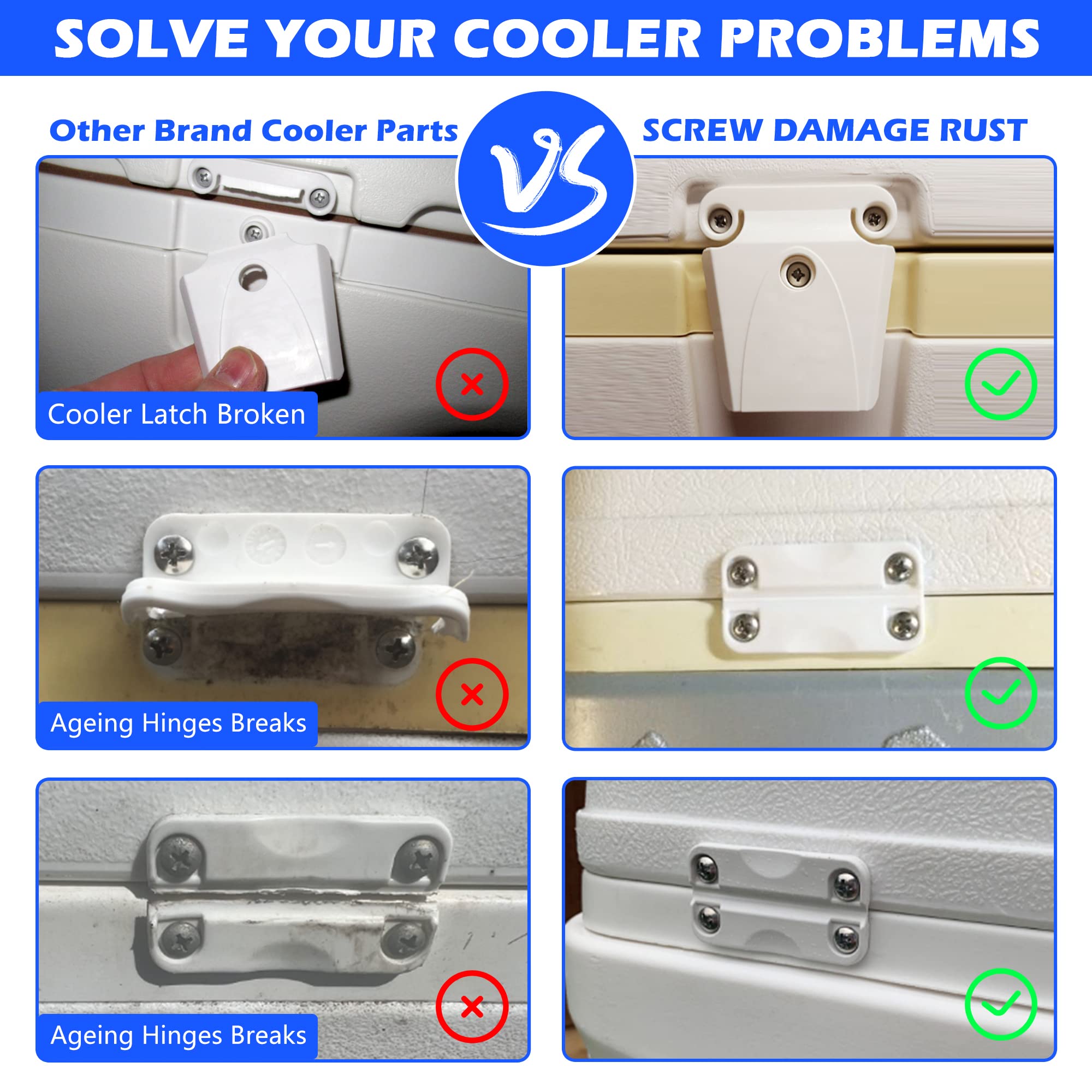 Cooler Hinge And Latch And Screws Kit, High Strength Cooler Latch Replacement Parts. Ice Chest Plastic Hinges, Latch Posts, And