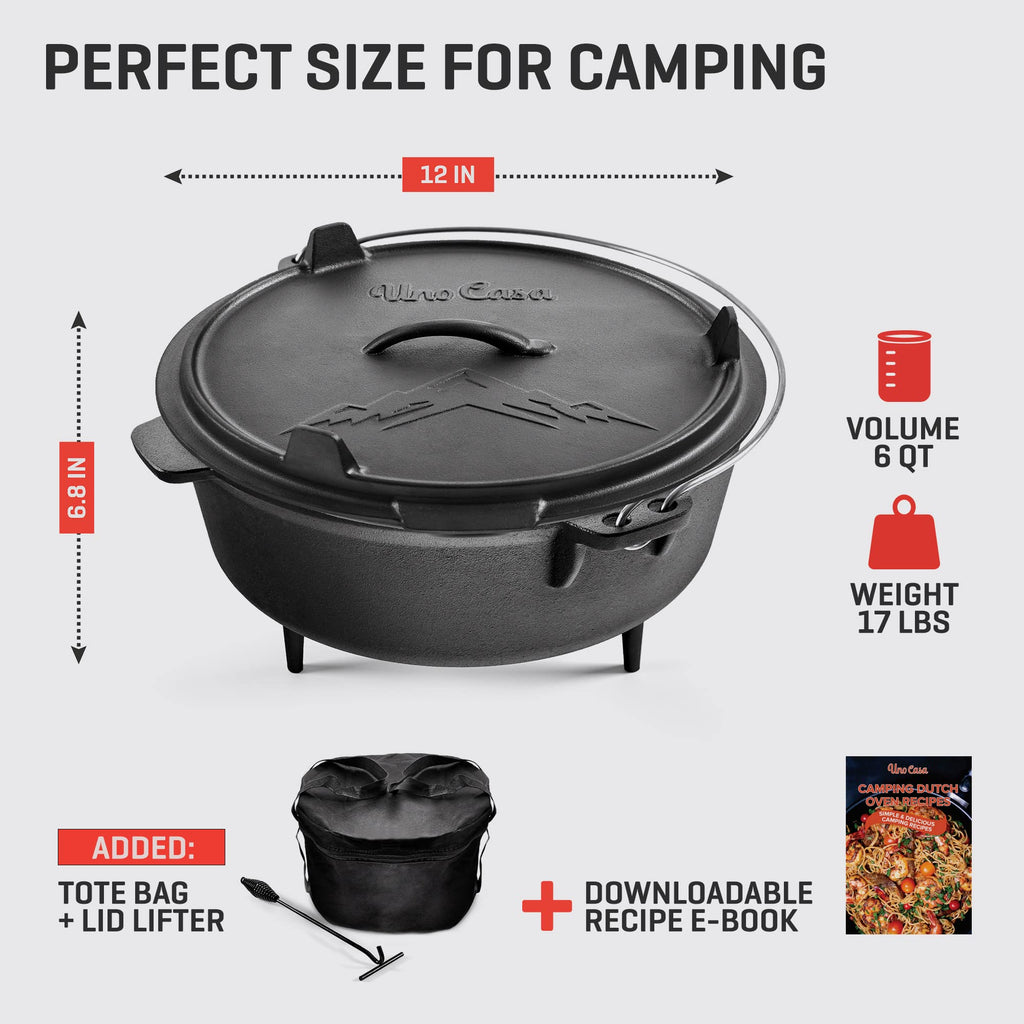 Uno Casa 6Qt Cast Iron Camping Dutch Oven With Lid Lifter And Storage Bag - Cast Iron Dutch Oven Pot With Lid, Cast Iron Camping